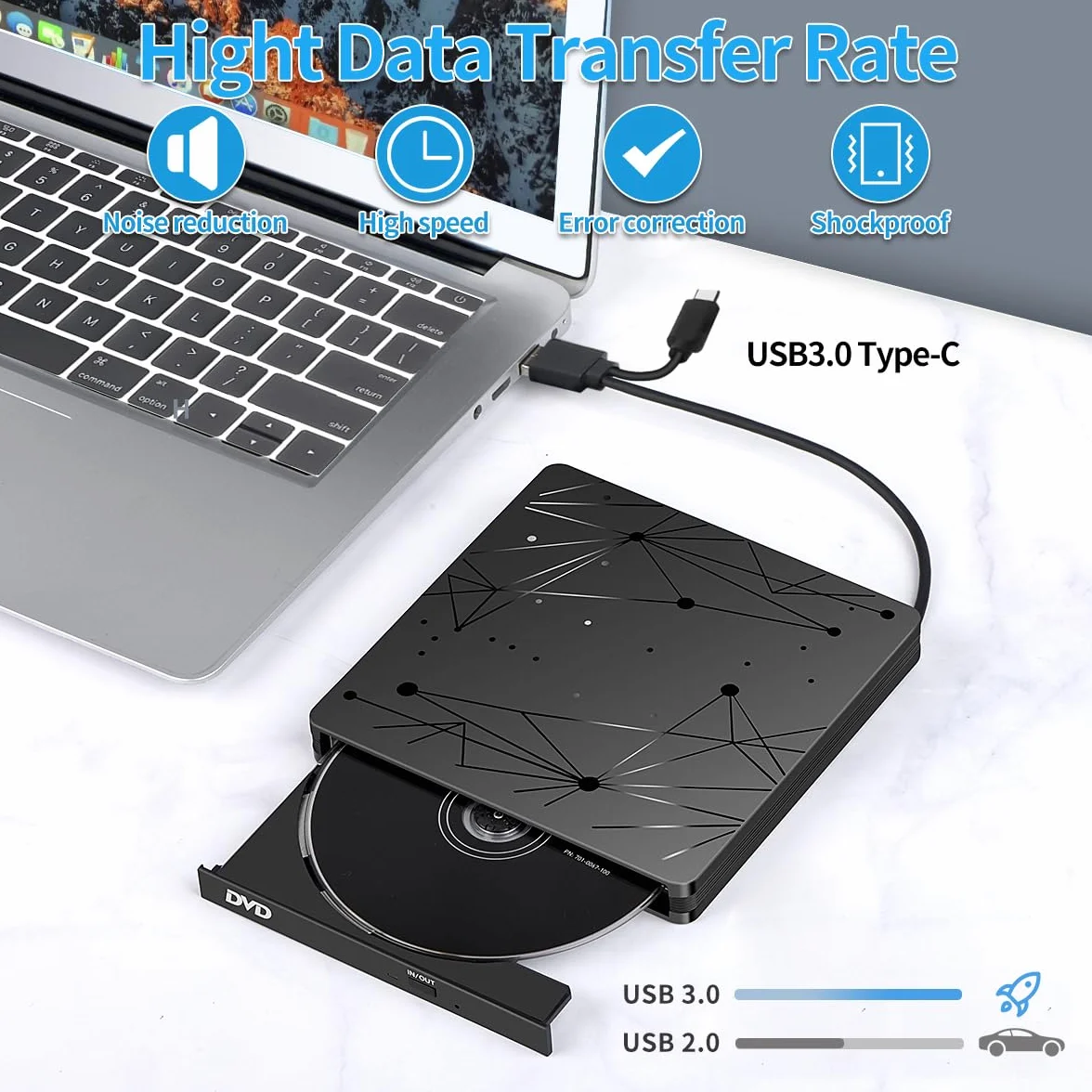 LMEN Zewnętrzny Napęd CD DVD USB3.0, Przenośny Czytnik Dysków CD DVD +/- R/RW z USB 3.0 i Type-C, Reader DVD Drive Slim Odtwarzacz CD USB do Laptopa/PC/Windows 11/10/8/7/Vista/XP/Mac OS/Linux, Czarna