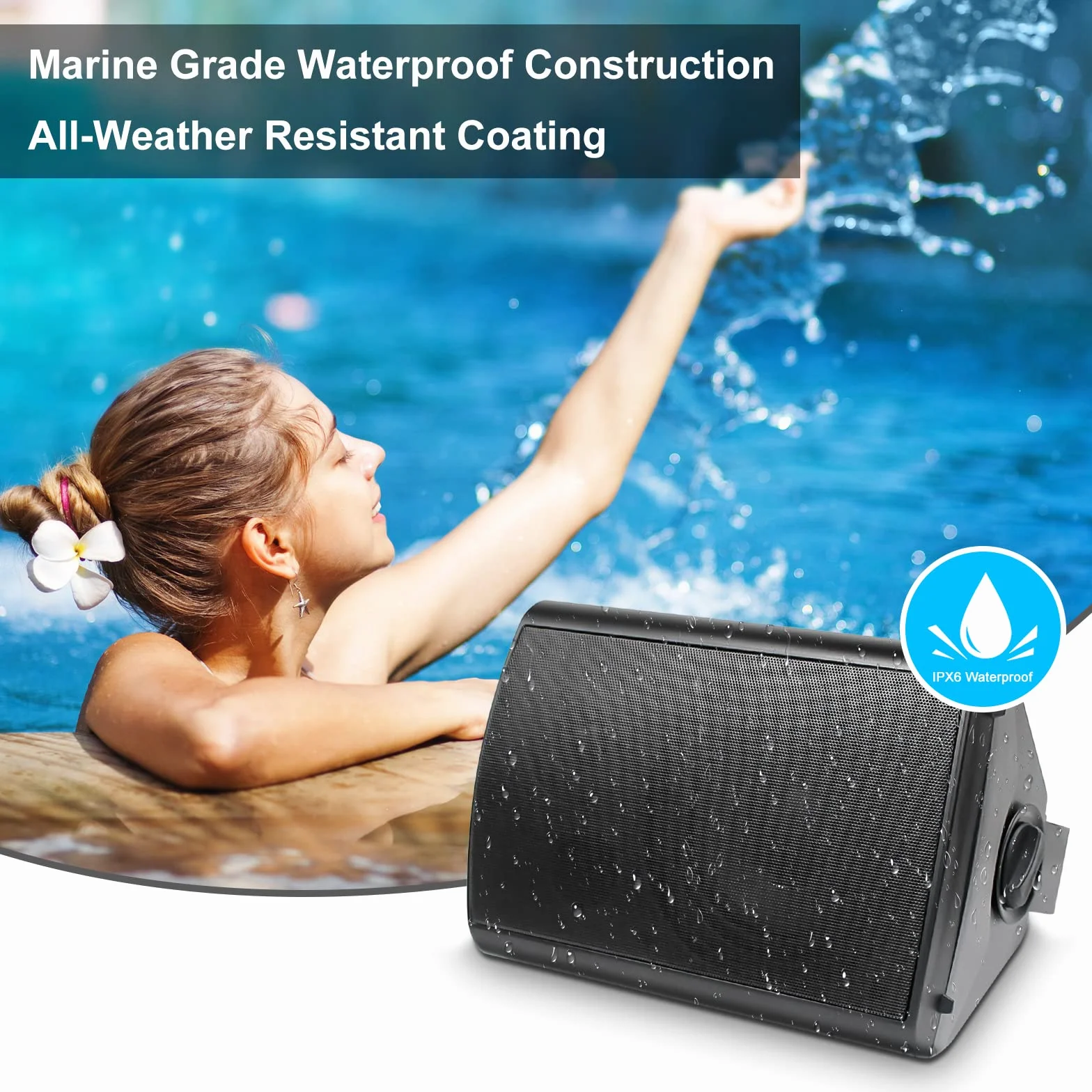 Herdio Głośniki zewnętrzne Bluetooth 6,5 cala - głośnik 800 W - głośnik zewnętrzny ze źródłem wzmacniacza stereo idealny na taras Veranda Garden (4 czarne)