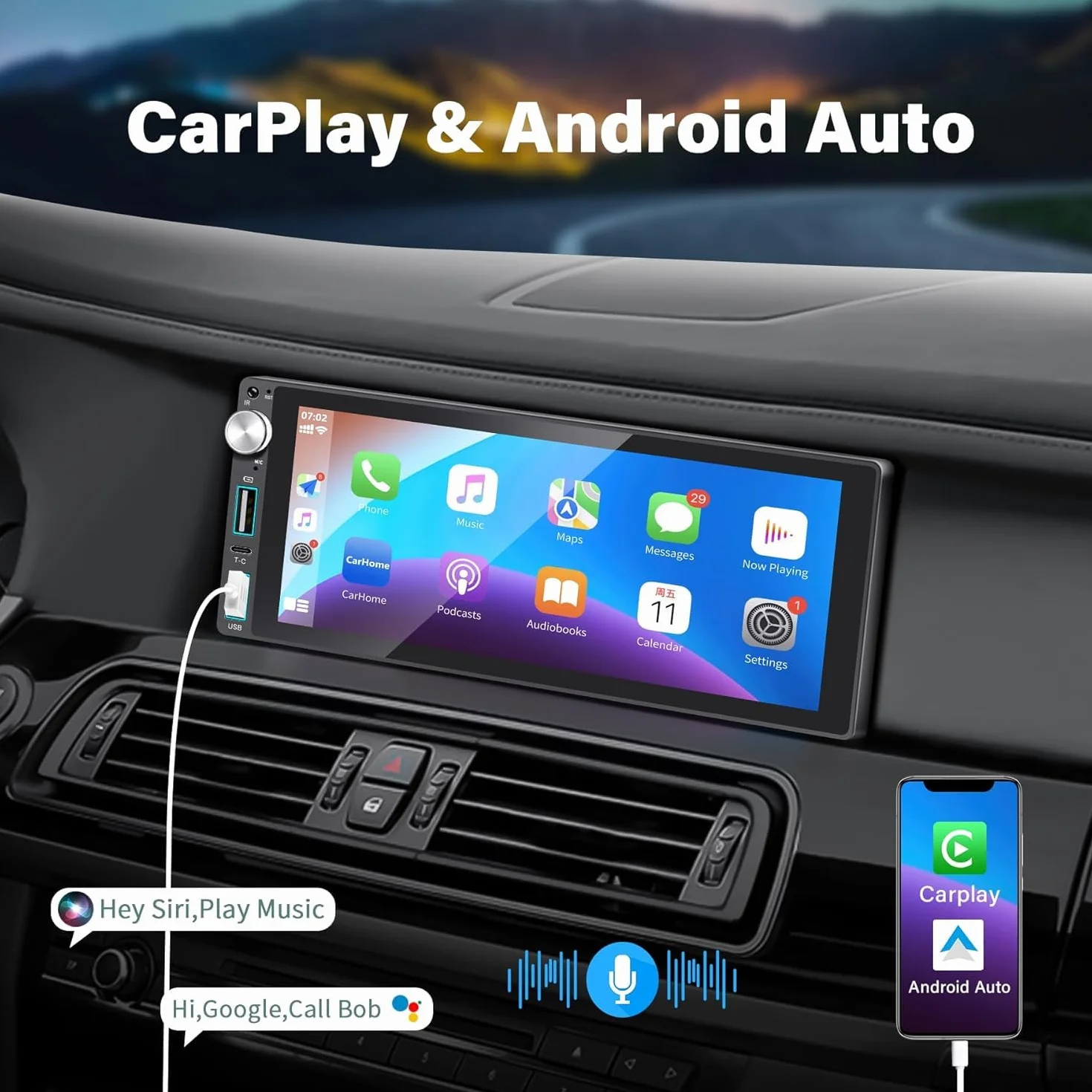 Radio samochodowe Bluetooth 1 DIN z funkcją CarPlay i Android Auto, z ekranem dotykowym o przekątnej 6,9 cala, łącze Mirror Link/RDS FM Radio/USB/Type-C/Mikrofon/Kamera zapasowa/obsługa pilota
