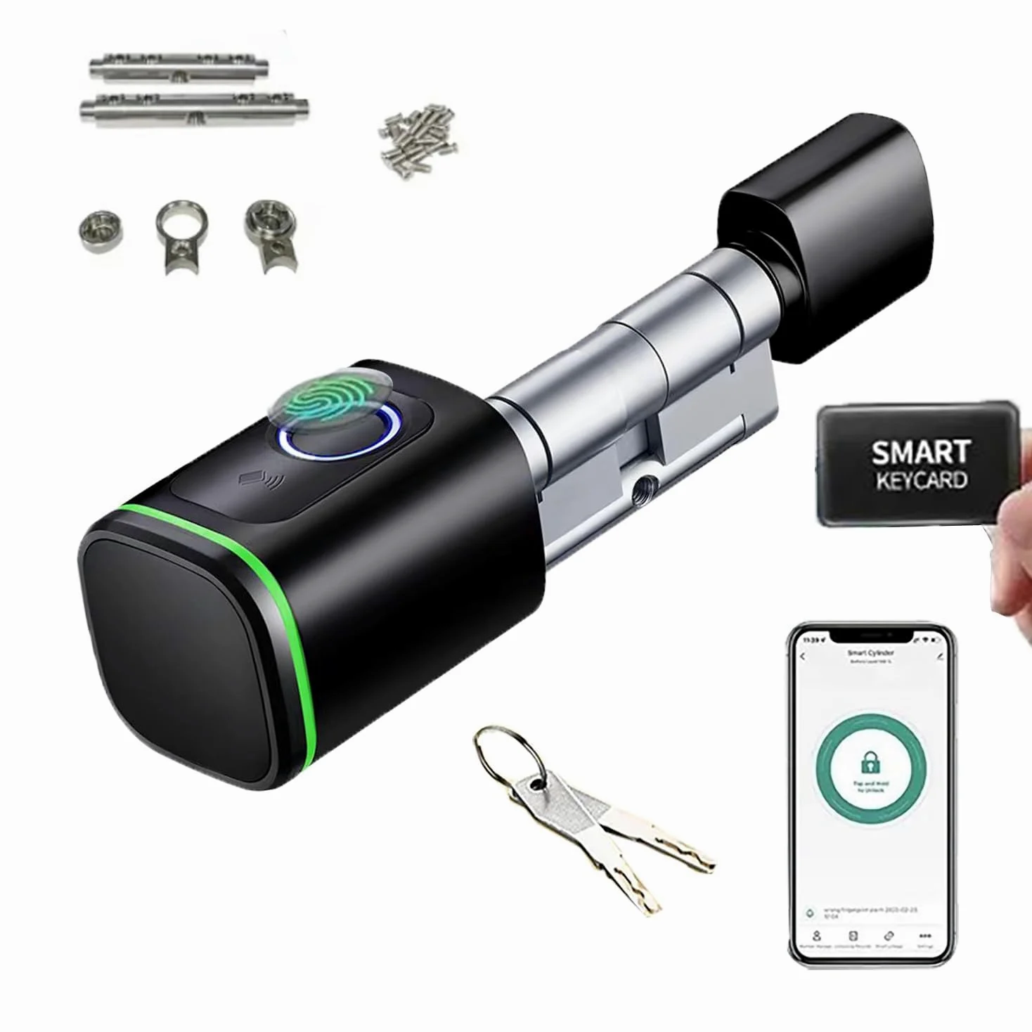 Blokada linii papilarnych,Biotech Cylinder, Ip65, Z Dwiema kartami,Dwa Zestawy Kluczy,Z Bluetooth,Nadaje się Do Drzwi 35-60mm Inteligentny Zamek Elektroniczny Drzwi Zewnętrzne(Czarny)