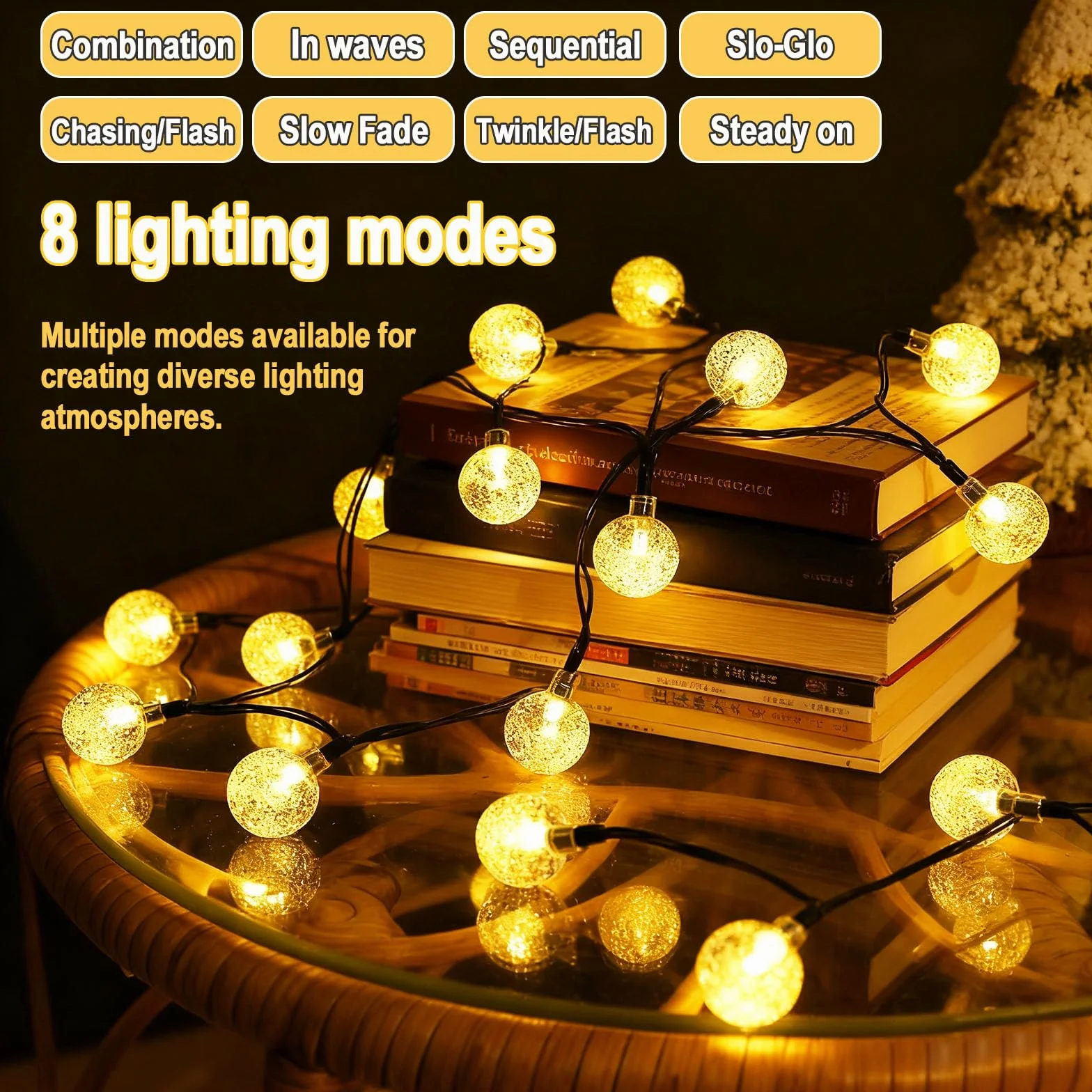 Łańcuch świetlny zewnętrzny 10 m, 100 diod LED, łańcuch świetlny z kryształową kulką, wodoszczelny, z wtyczką, 8 trybów pracy i timerem, do użytku wewnątrz i na zewnątrz, na balkon, do ogrodu