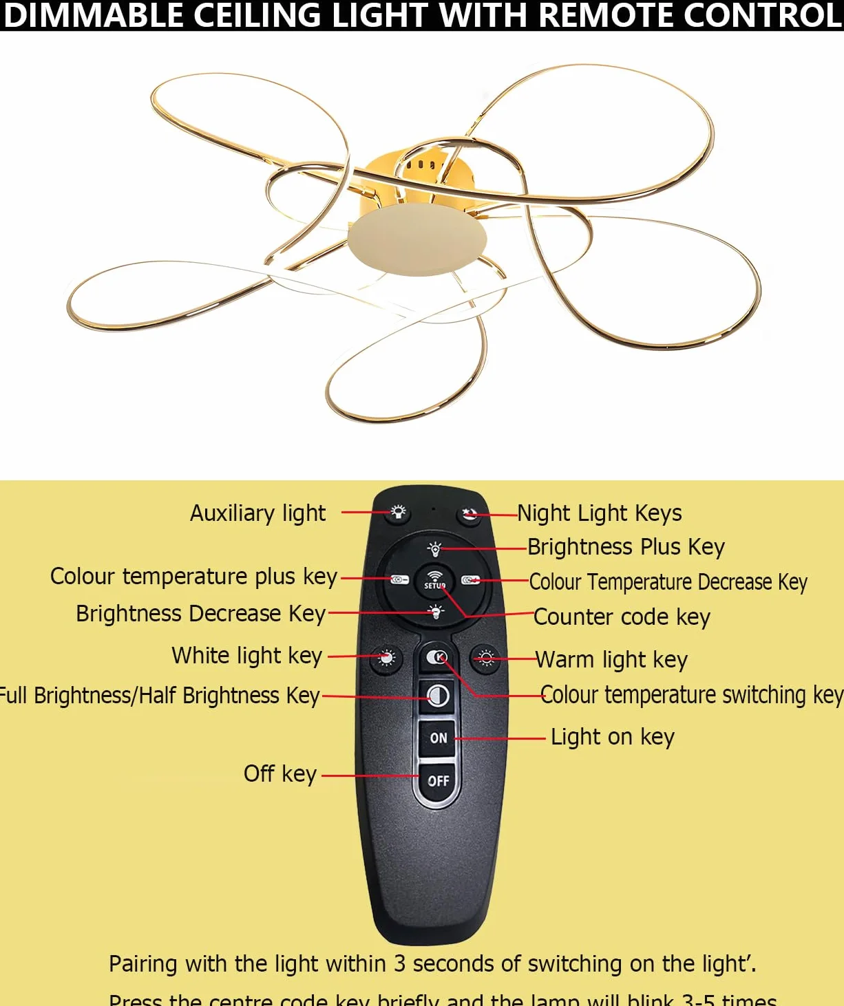 Lampa sufitowa LED do salonu Nowoczesna Prosta reatywna lampa Sufitowa z pilotem zdalnego sterowania Ściemnialne oświetlenie sufitowe Sypialnia Wpuszczane wiszące 3200-6500K (Złoto, Φ90cm)