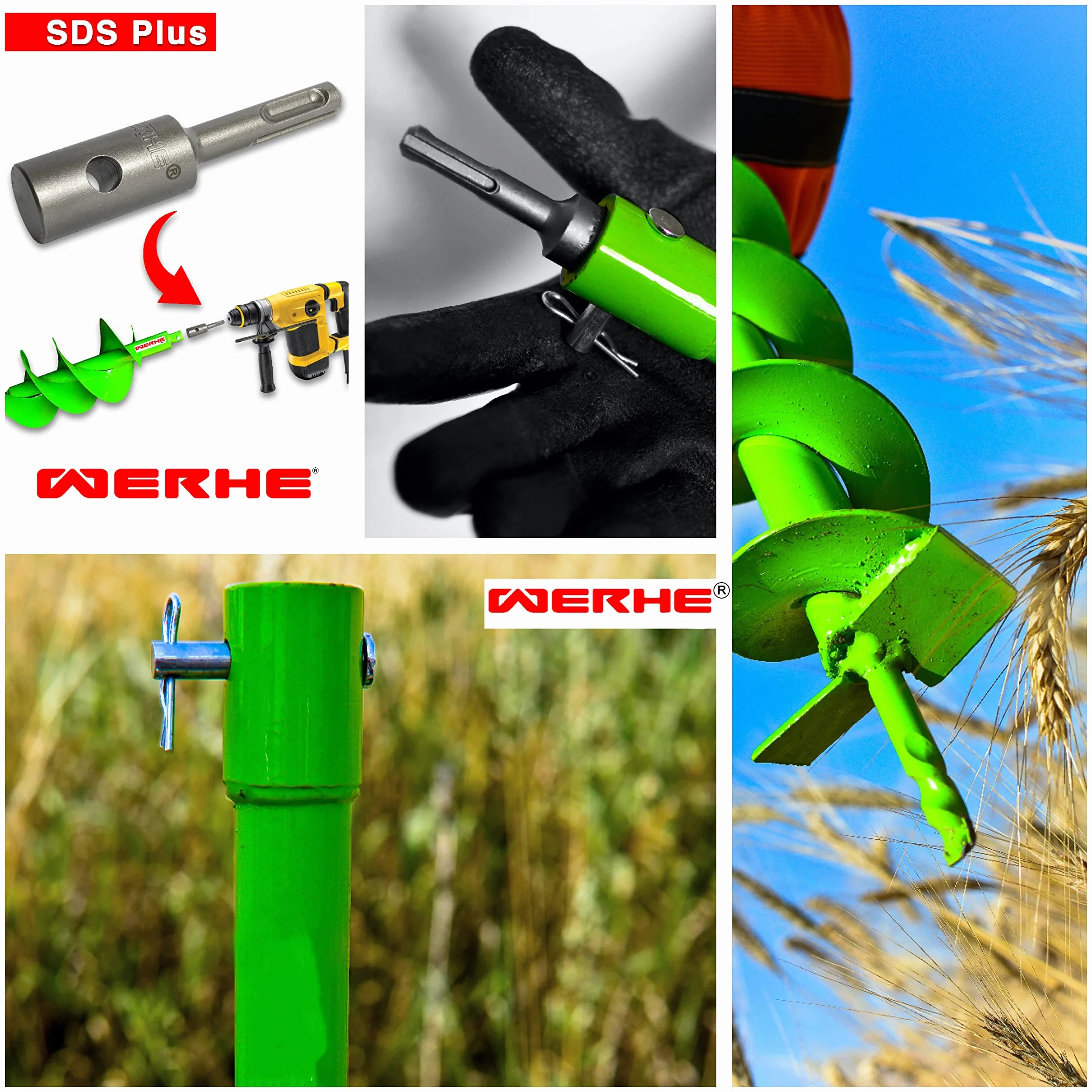 WERHE świder ziemny Ø 40 mm, lita stal, adapter SDS Plus | precyzyjny grot, do lekkich do gleb średniozwartych, wysoka trwałość, odporność na pęknięcia, do wiertarki odpowiedni