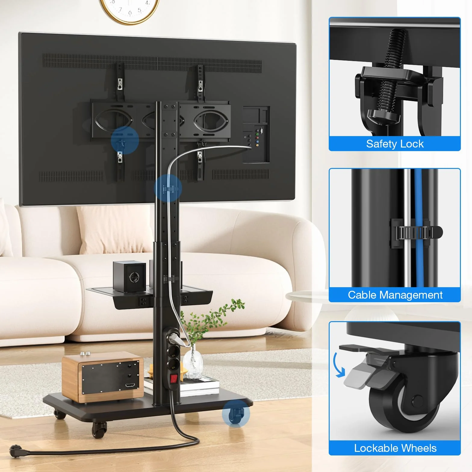 Mobilny stojak na telewizor na kółkach obrotowy z drewnianą podstawą 81.3–139.7 cm 400 x 400 mm