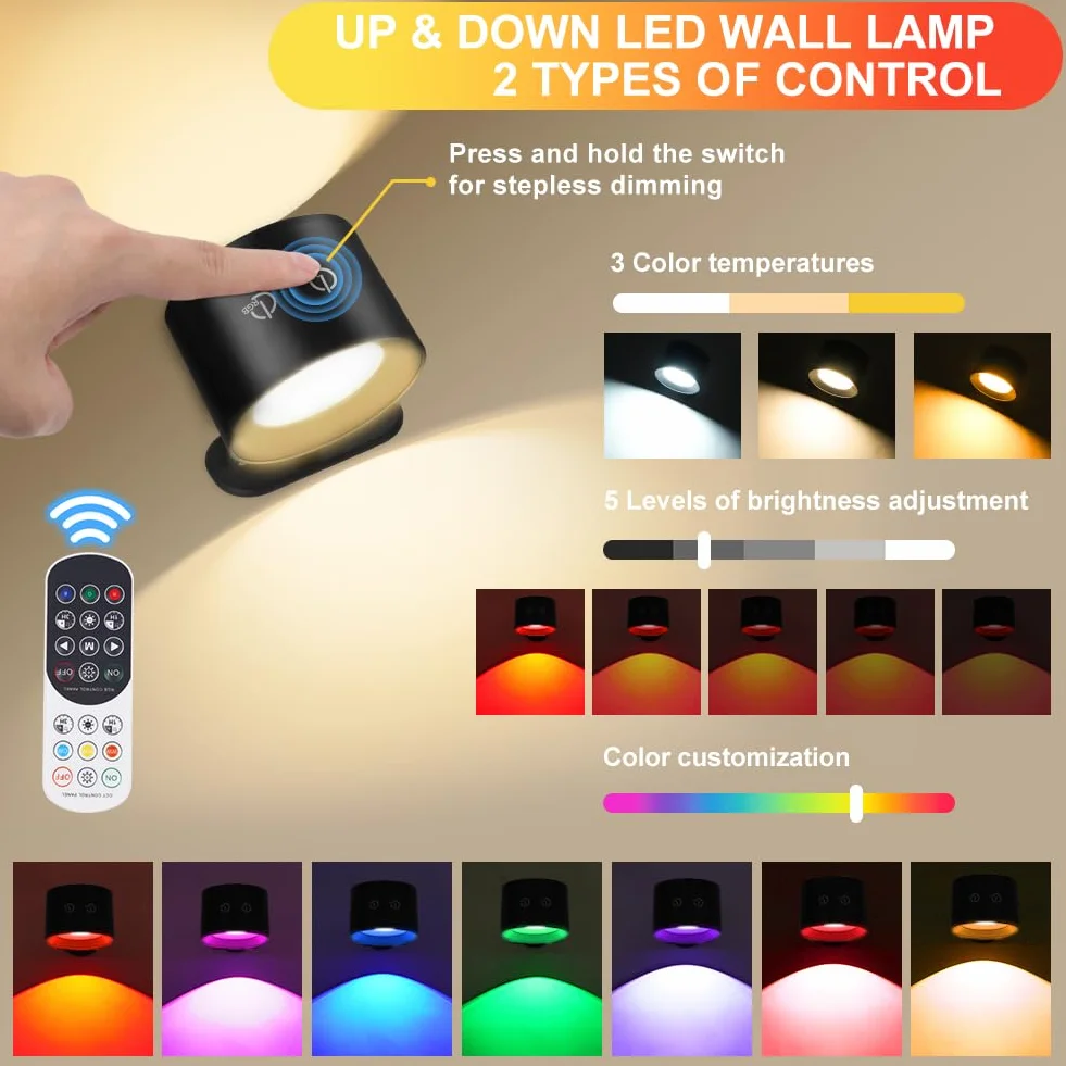 HOTUT Kinkiet Wewnętrzny, Obrotowa Lampka Nocna 360°, Ładowalna Lampa Ścienna Led z Pilotem, 12 Kolorów RGB, 3 Temperatury Barwowe Dla Łóżka, Sypialni, Salonu, Czarny