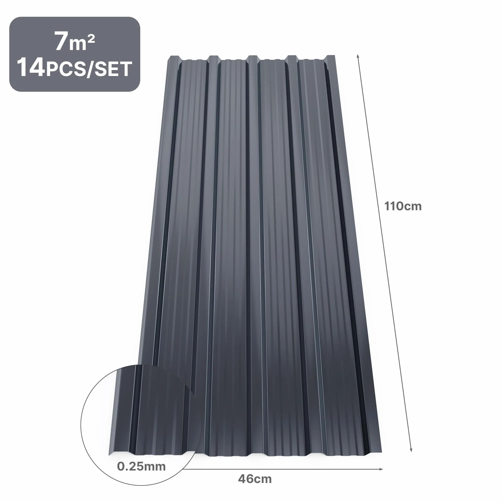 Mondeer 14 arkuszy dachowych, metalowa, falista, wiata garażowa, trapezowa, rowkowana, wodoodporna, stal ocynkowana, do garaży, szklarni, bud, 7 m², 110 x 46 cm, ciemnoszare