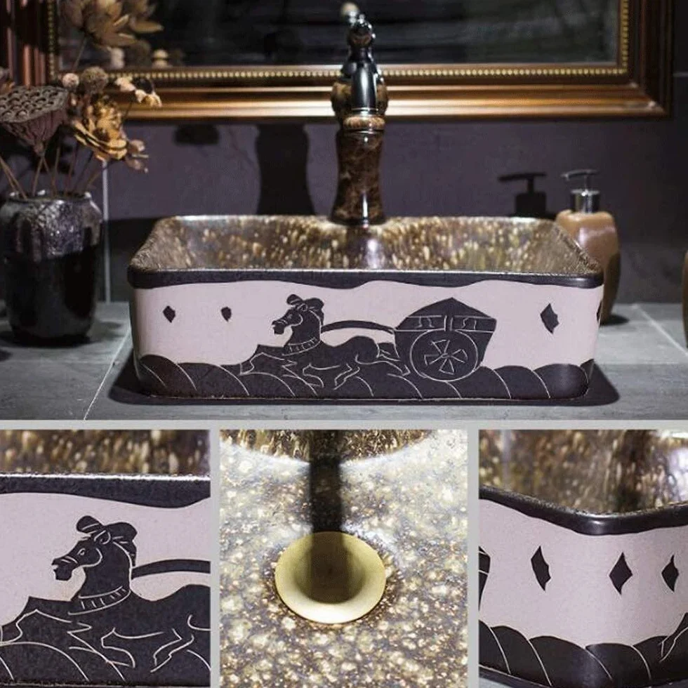 Szafka Pod Umywalkę Z Umywalką, Umywalka Łazienkowa, Umywalka Nablatowa, Ceramiczna Umywalka Łazienkowa Owalna 17-Calowa Europejska, Vintage, Nablatowa, Porcelanowa, Ceramiczna Miska