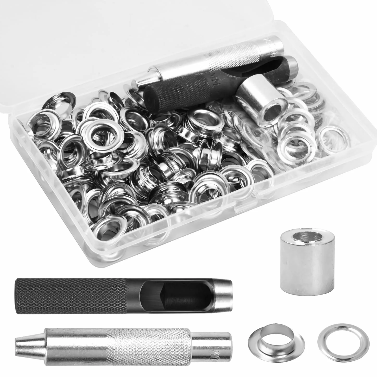Dokeno Zestaw narzędzi do oczek, 100 sztuk oczek do plandek, zestaw metalowych oczek 12 mm z pudełkiem do przechowywania, zestaw narzędzi oczkowych do odzieży, toreb, płótna, zasłony, buty