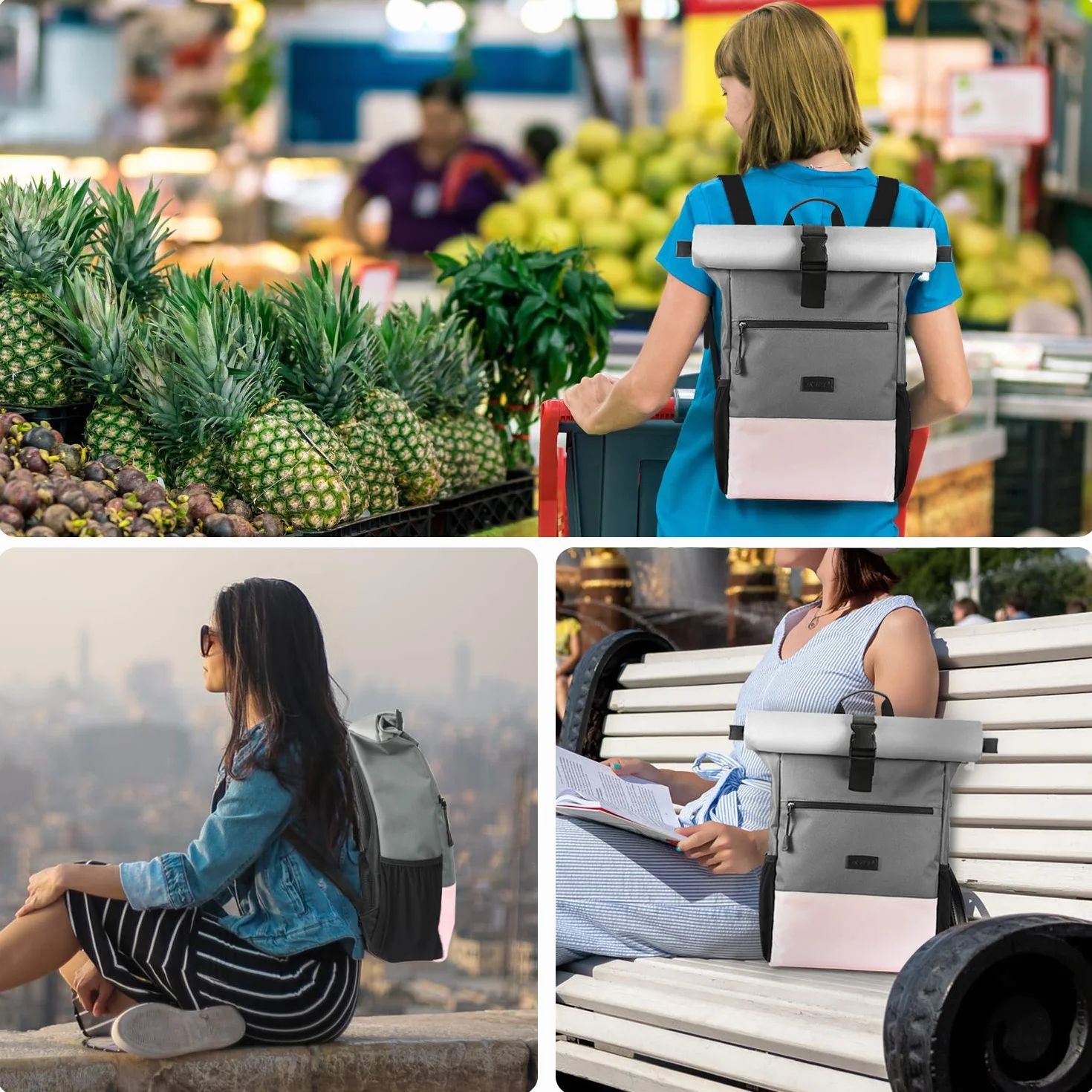 Plecak Rolltop Women na laptopa 17,3 cala z portem USB, szkolny, sportowy, różowy szary 26L