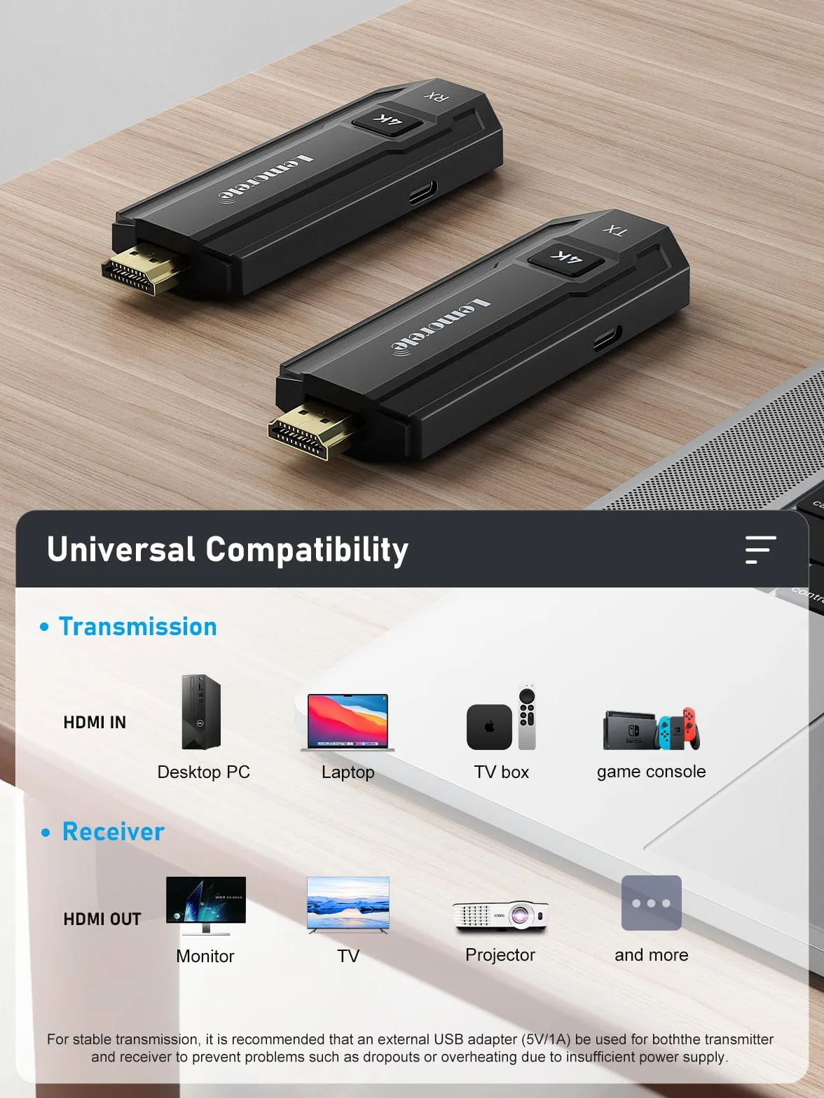 Lemorele Bezprzewodowy Transmiter i Odbiornik 4K HDMI 5G, 8 TXS do 1 RX