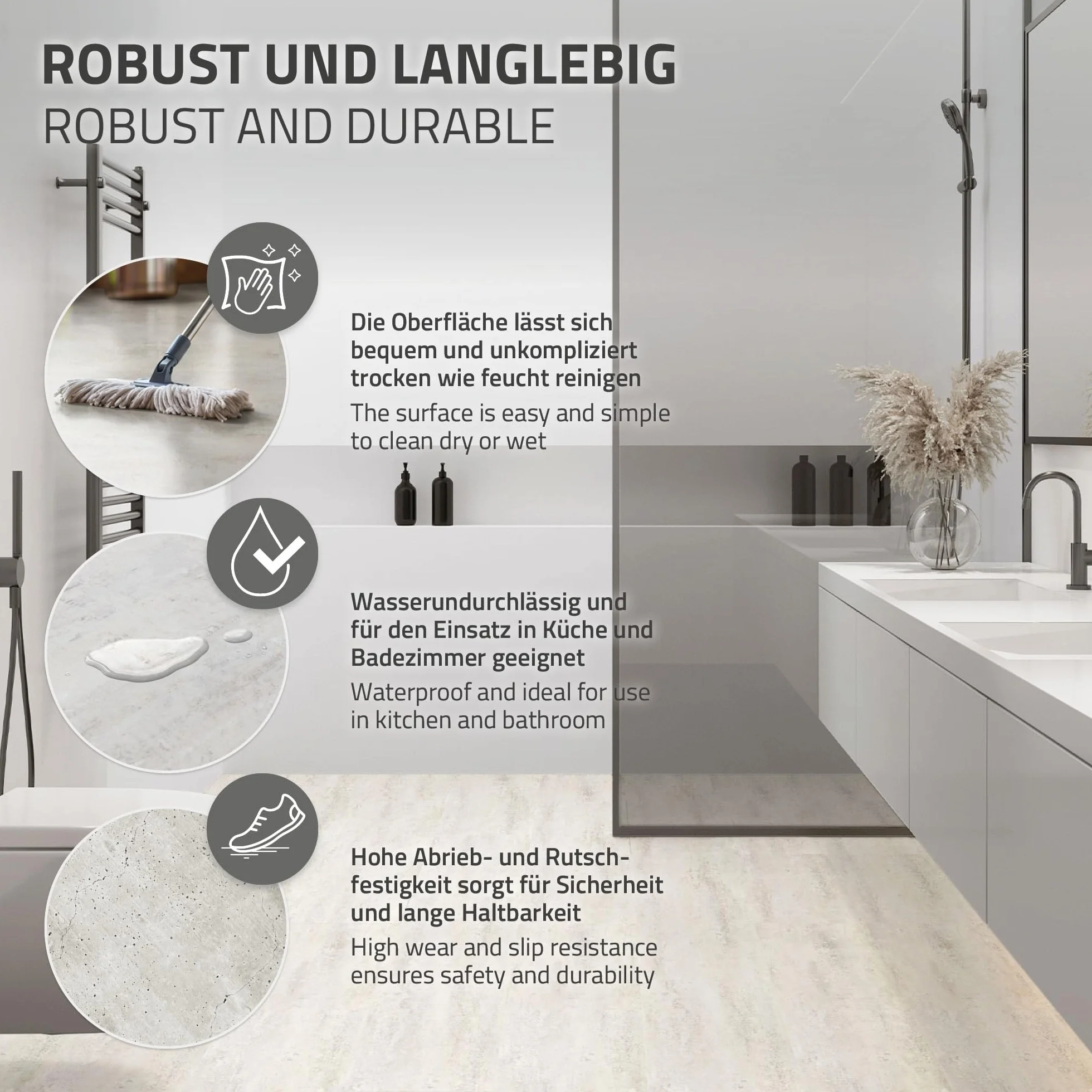 ML-Design Podloga Winylowa Klik, Panele Winylowe z Systemem Klik i Izolacja Akustyczna, Antyposlizgowe, Wodoodporne 9,3 m² / 50 Desek, 61 × 30,5 cm, Grubosc 4,2 mm Szare Efekt Jasnego Betonu