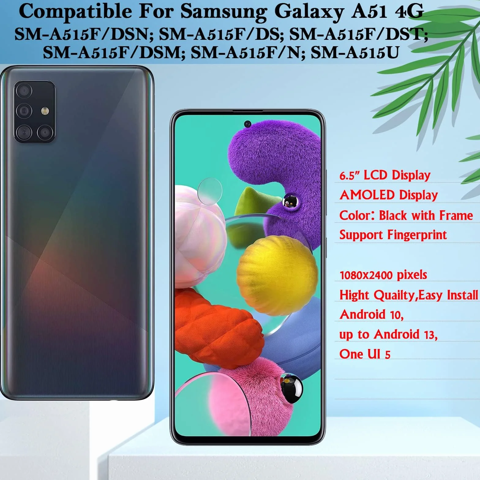 Ekran AMOLED 6,5" do Samsung Galaxy A51 4G SM-A515F Pełny dotykowy LCD z ramką i folią ochronną