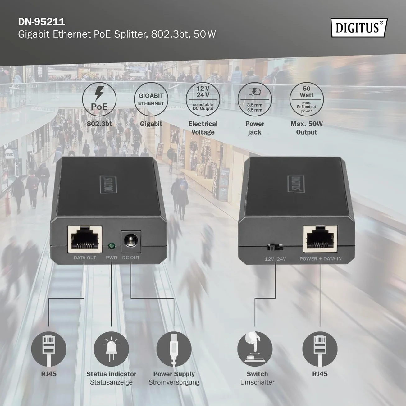 DIGITUS PoE++ Splitter Gigabit 51W 12V/24V IEEE802.3at/bt Czarny
