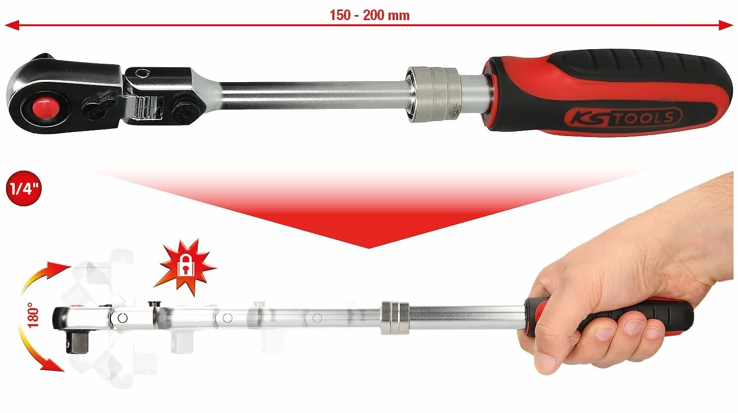 KS Tools 914.1420 1/4" grzechotka przegubowo-teleskopowa SlimPOWER, mechanizm 72 zębowy
