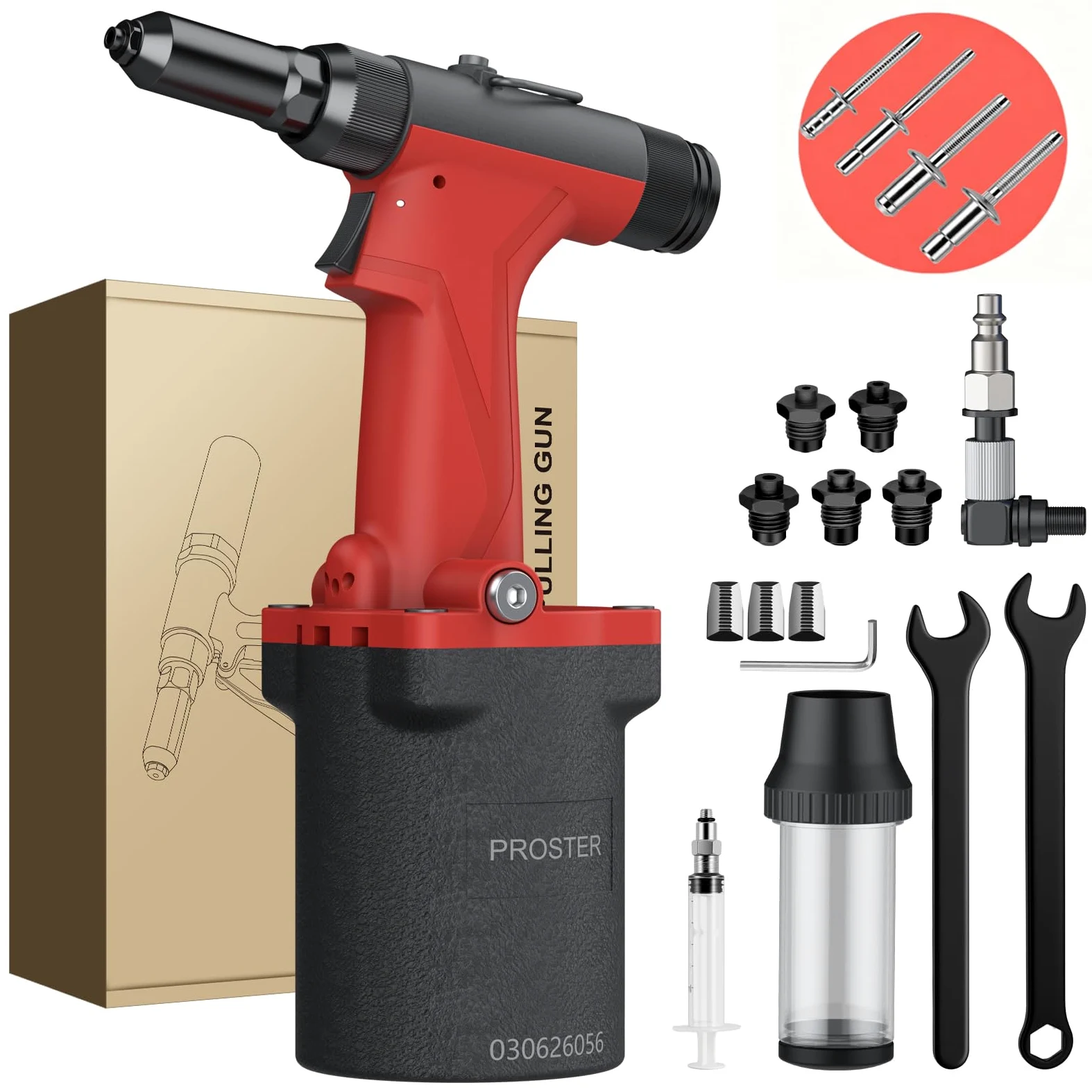 Proster Nitownica pneumatyczna 2450 kg Nitownica pneumatyczna z obrotowym złączem powietrza 360° i 5 rozmiarami dysz 2,4-6,4 mm dla mechaników, morskich i motoryzacyjnych