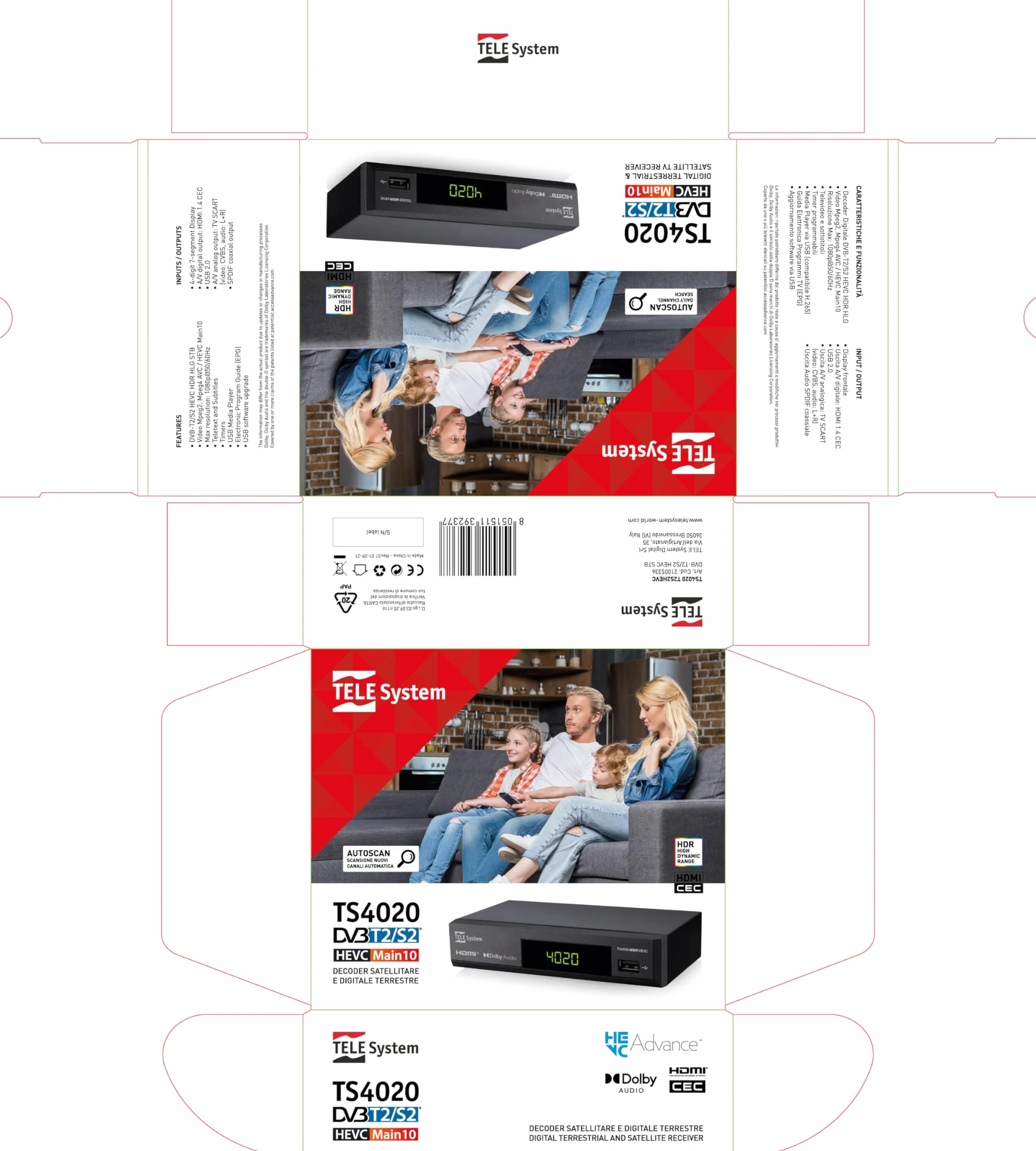 TELE System TS4020 Dekoder z podwójnym tunerem DVB-T/T2 i DVB-S/S2 HEVC HD HDR10 HLG. Dostęp do niekodowanej telewizji naziemnej i satelitarnej oraz radia.