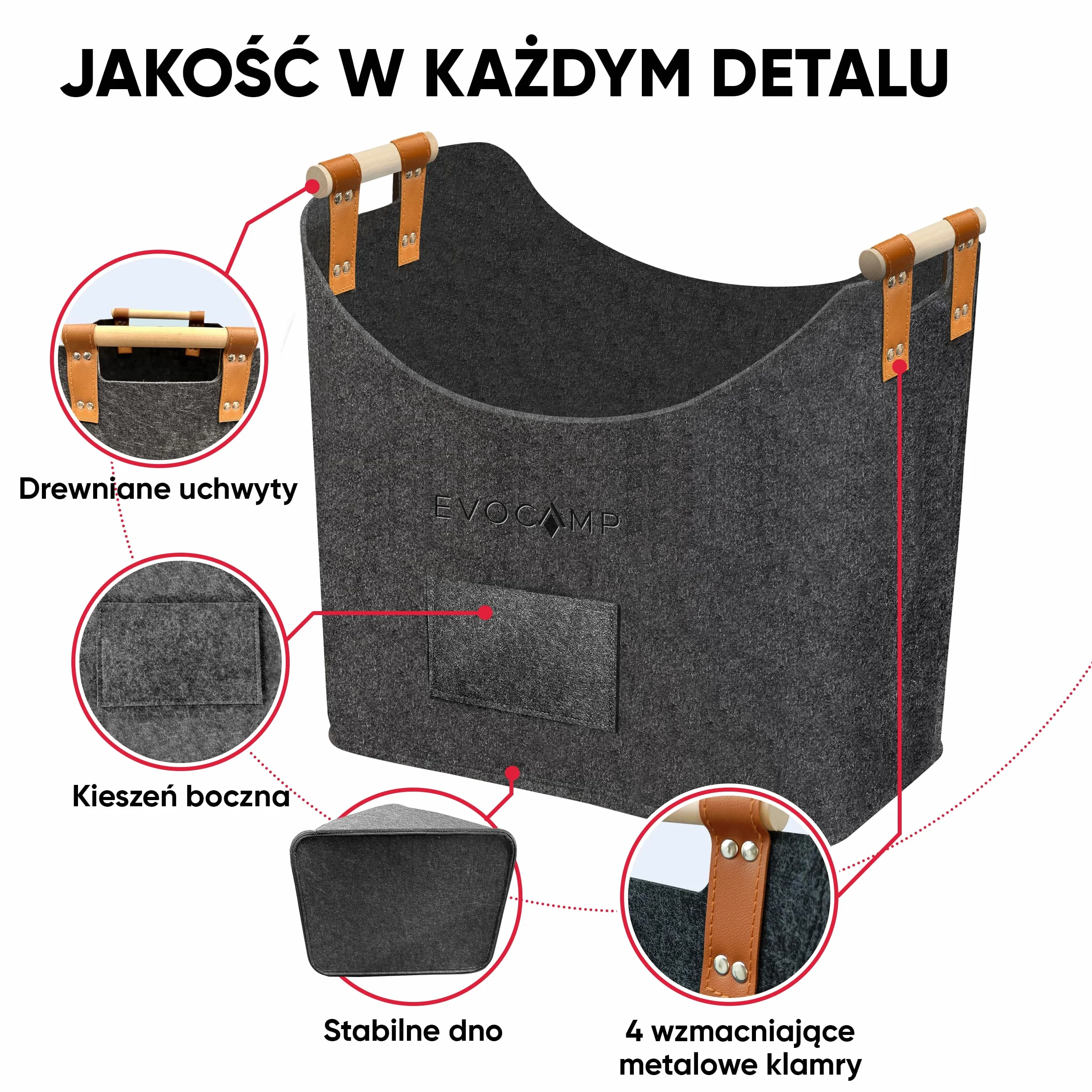 EVOCAMP duży filcowy kosz na drewno i przechowywanie, XXL kosz kominkowy z filcu w ciemnoszarym kolorze, z drewnianymi uchwytami, torba na drewno 44x44x30 cm