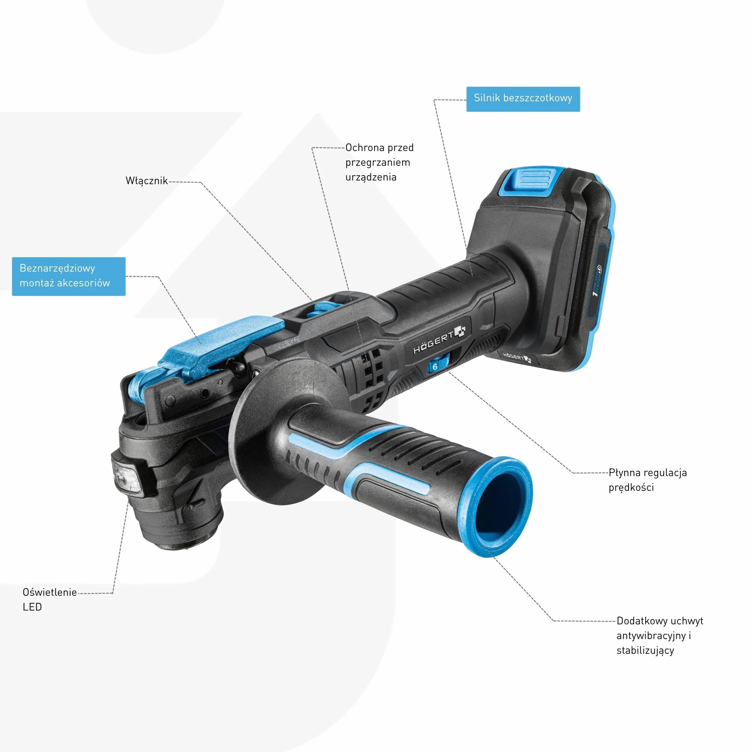 HÖGERT TECHNIK Wielofunkcyjne narzędzie akumulatorowe, 18 V, 5000-19000 min¹, oscylacja 3°, LED, bezstopniowa regulacja prędkości obrotowej, miękki uchwyt, w zestawie akcesoria, bez akumulatora