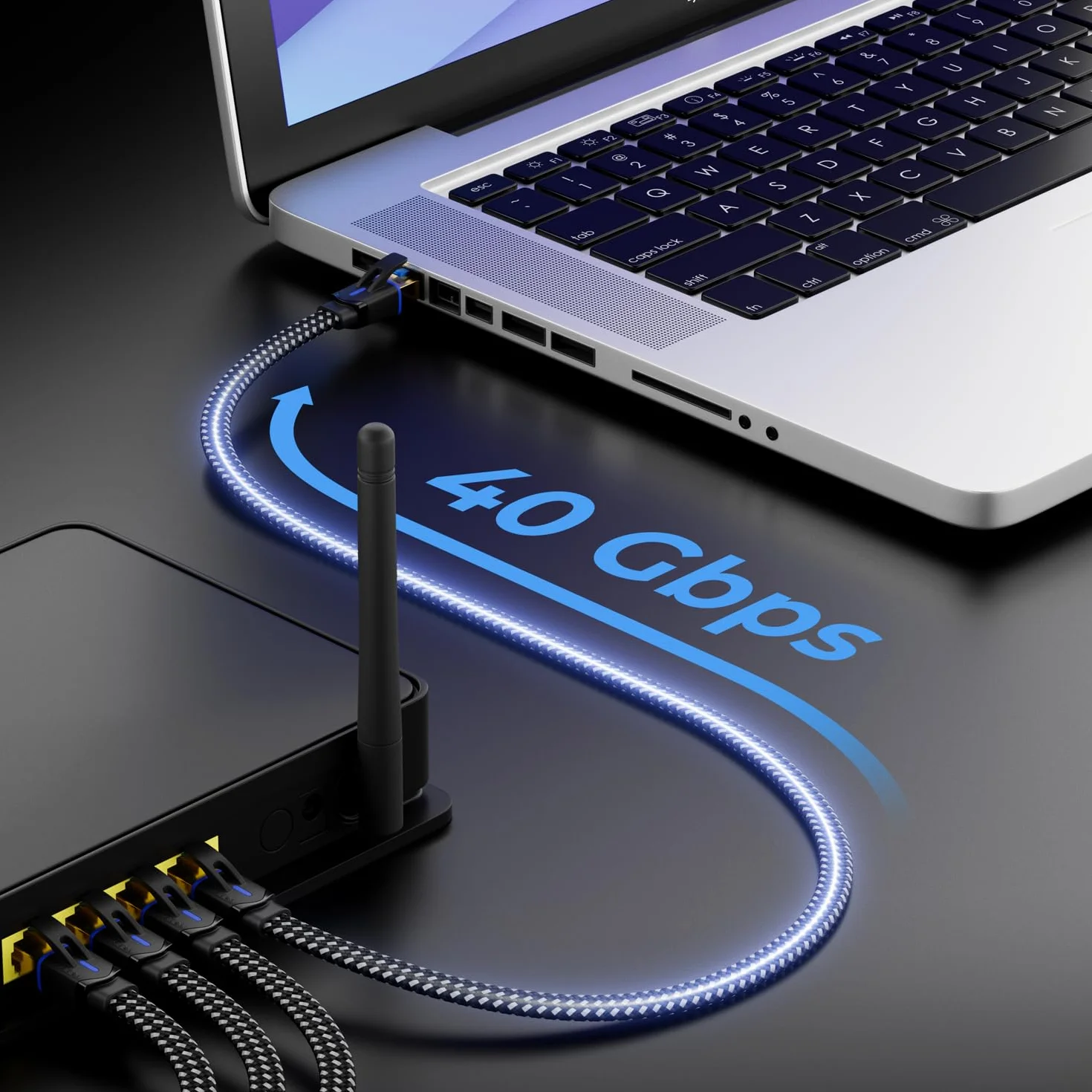 deleyCON 1m CAT 8 Kabel Sieciowy Płaski Nylon 40 Gbit/s Miedziany Gigabit Ethernet LAN RJ45 Schwarz