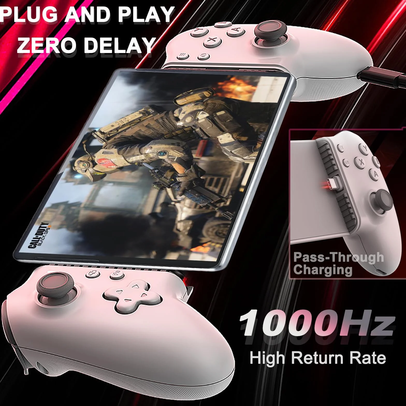 Kontroler USB C do iPada/tabletu 6,7-11 cala, joystick Plug and Play, Remote Play Controller do PS5/Xbox/PC, Cloud Game, Hall Rocker/Trigger, Passthrough Charging