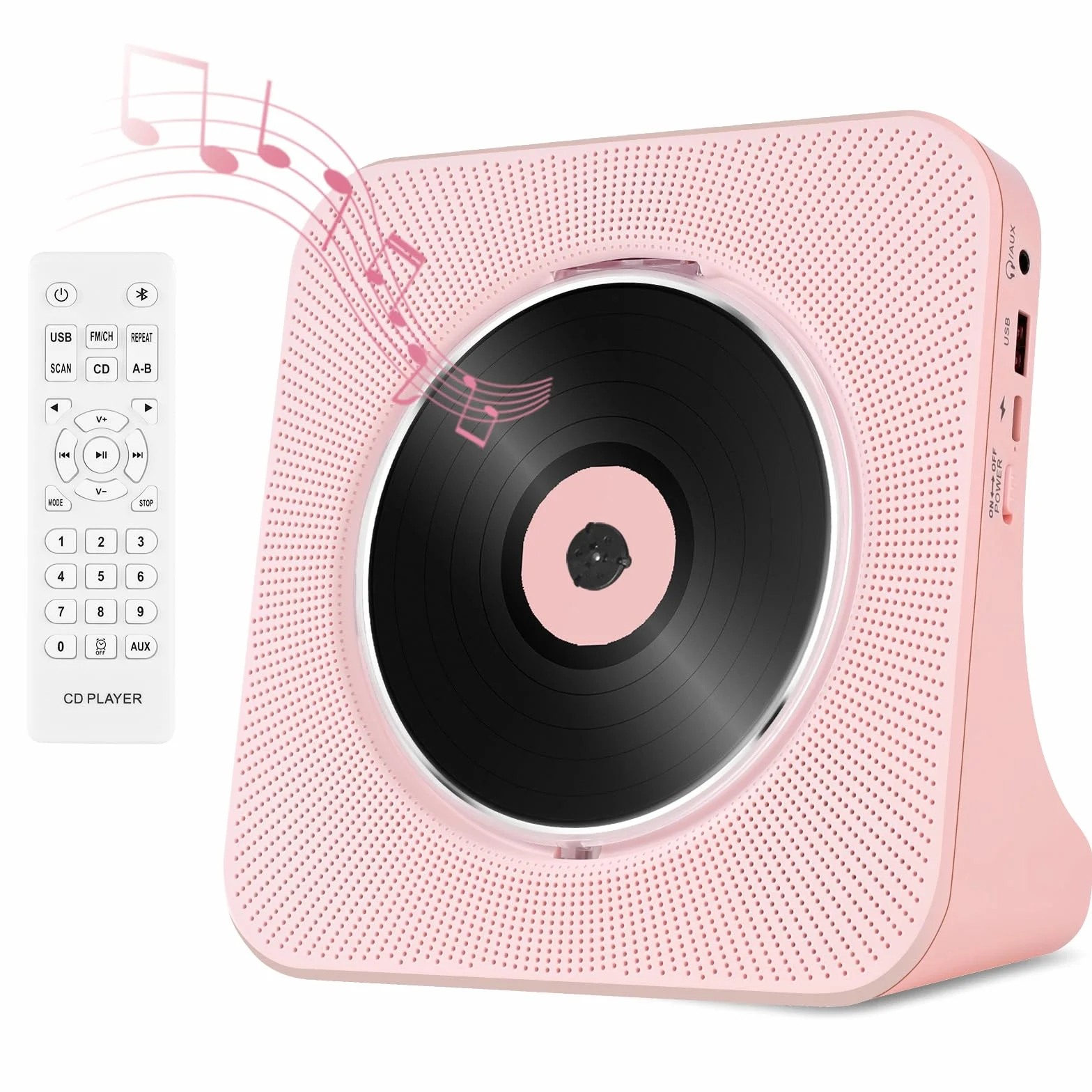 Odtwarzacz CD Stereo, Odtwarzacz CD Bluetooth z Pilot Zdalny, Wbudowany Głośnik, FM, Wejście USB, Wejście/Wyjście AUX, Różowy Domowy Przenośny Odtwarzaczs CDs