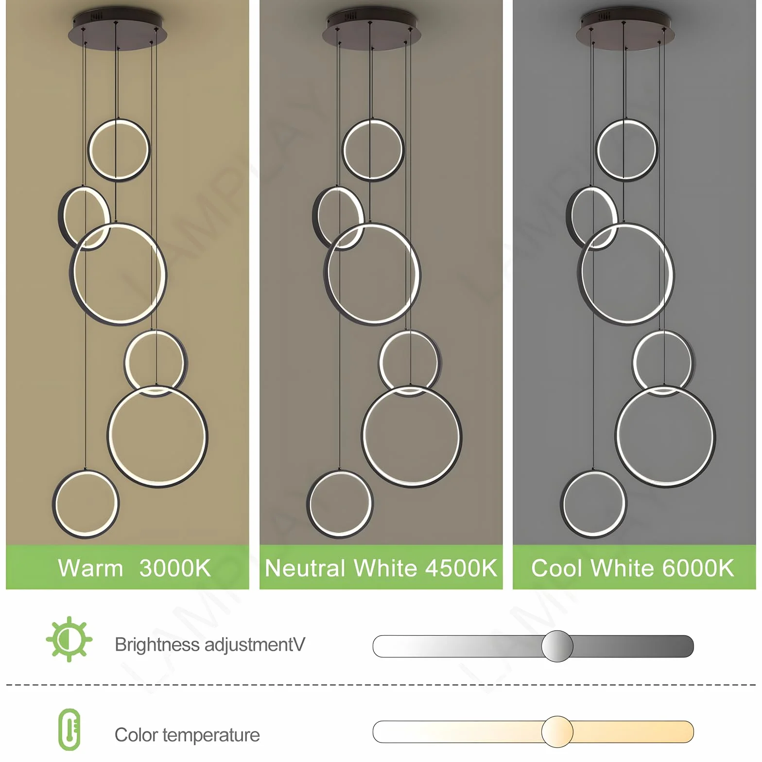 LED Długi Żyrandol Schodowy, Nowoczesna Lampa Na Wysoki Sufit Z 6 Czarnymi Pierścieniami, Lampa Wisząca DIY Z Regulacją Wysokości, Ściemniana Za Pomocą Pilota 3000K-6000K, Schody, Willa