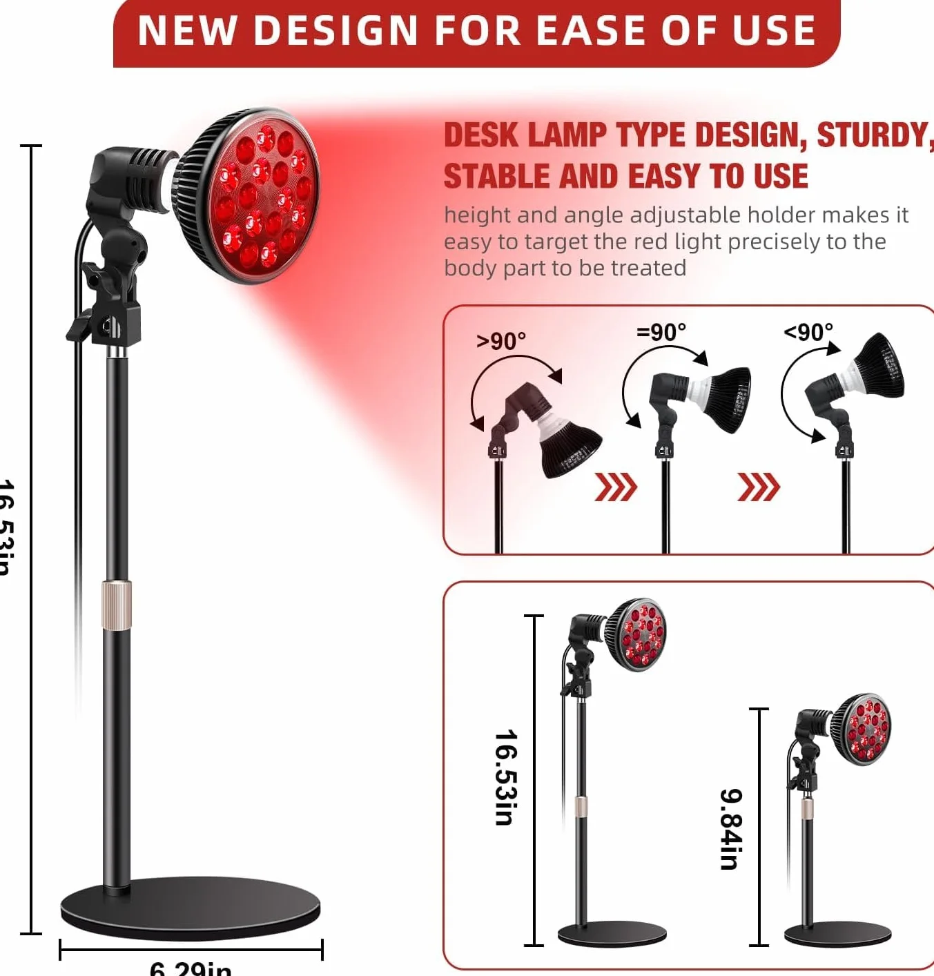 Lampa do terapii światłem czerwonym z 660 nm i 850 nm bliskiej podczerwieni, lampa grzewcza E27 do twarzy, pleców, szyi, ciała, talii, łagodzenia bólu (styl stojaka biurkowego)