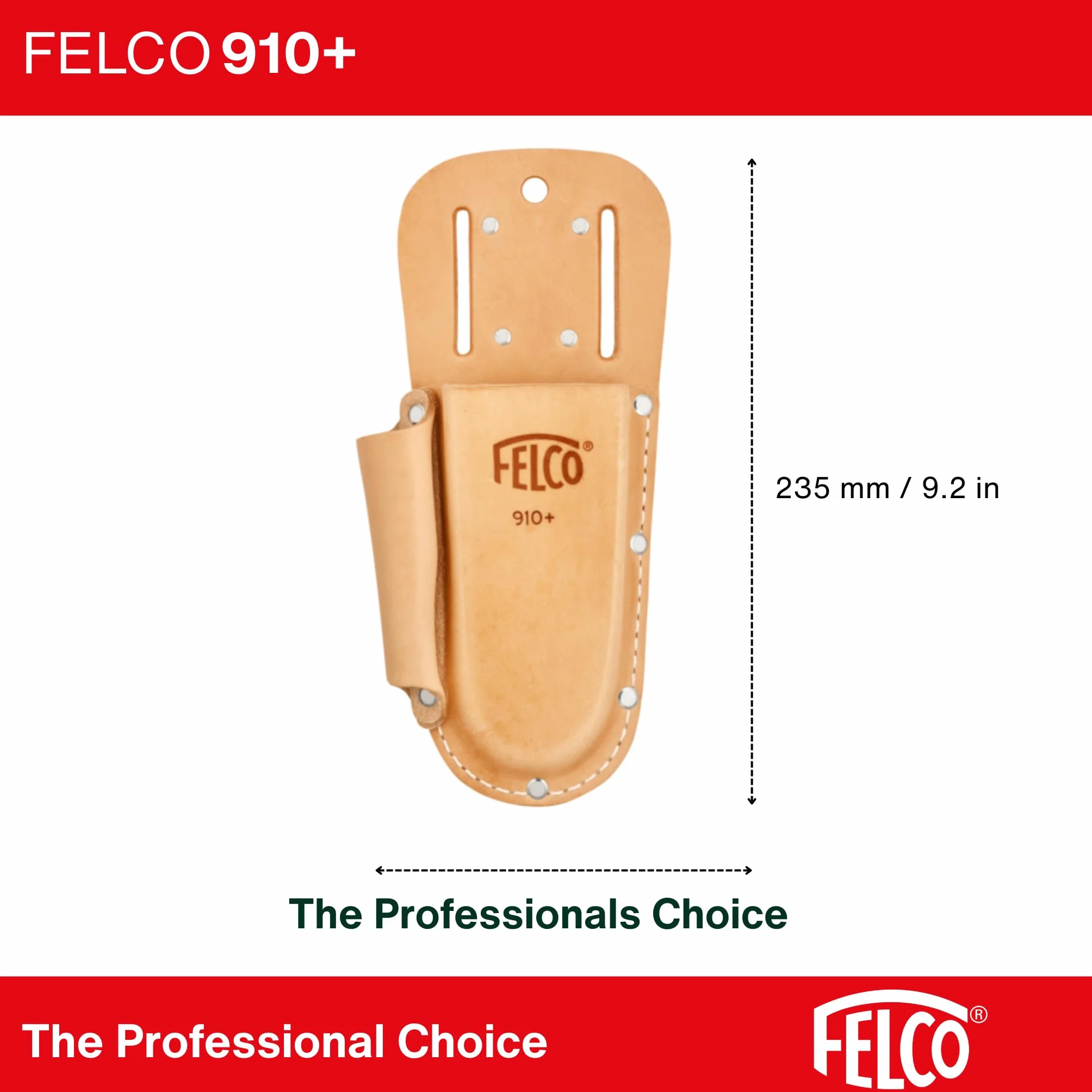 FELCO 910+ skórzana kabura na sekator i osełkę, mocowanie klips lub szlufka, trwały dodatek 120 g, model uniwersalny kompatybilny z FELCO