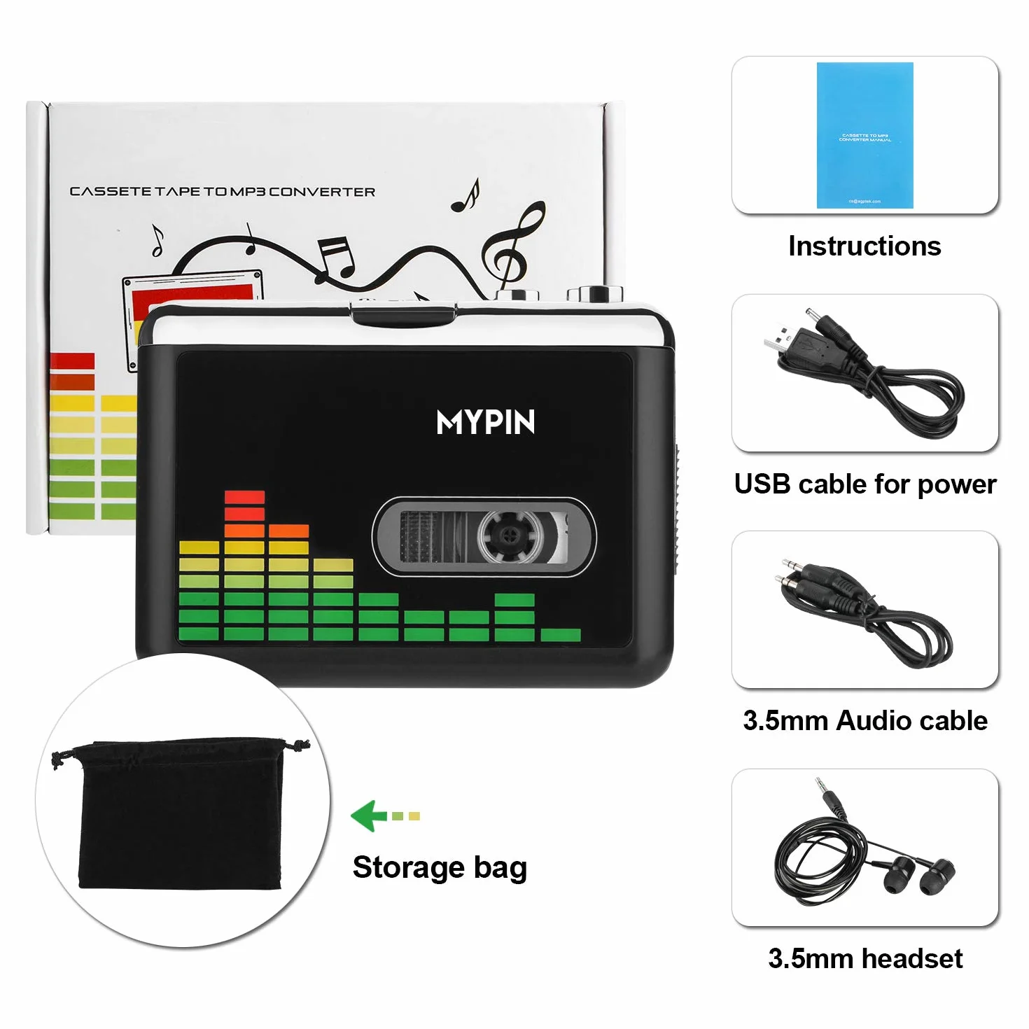 MYPIN przenośny odtwarzacz kasetowy, odtwarzacz audio USB, Walkman, konwerter taśmowy na MP3, retro, ze słuchawkami, nie ma potrzeby automatycznego cofania komputera