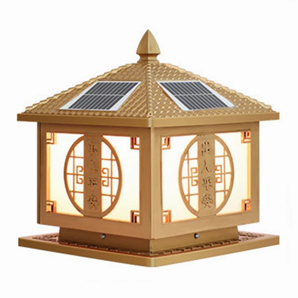 Solarna lampa słupkowa do ogrodu, wodoodporna zewnętrzna lampa kolumnowa do ogrodzenia podwórza, lampa kolumnowa w stylu chińskim do bramy wejściowej