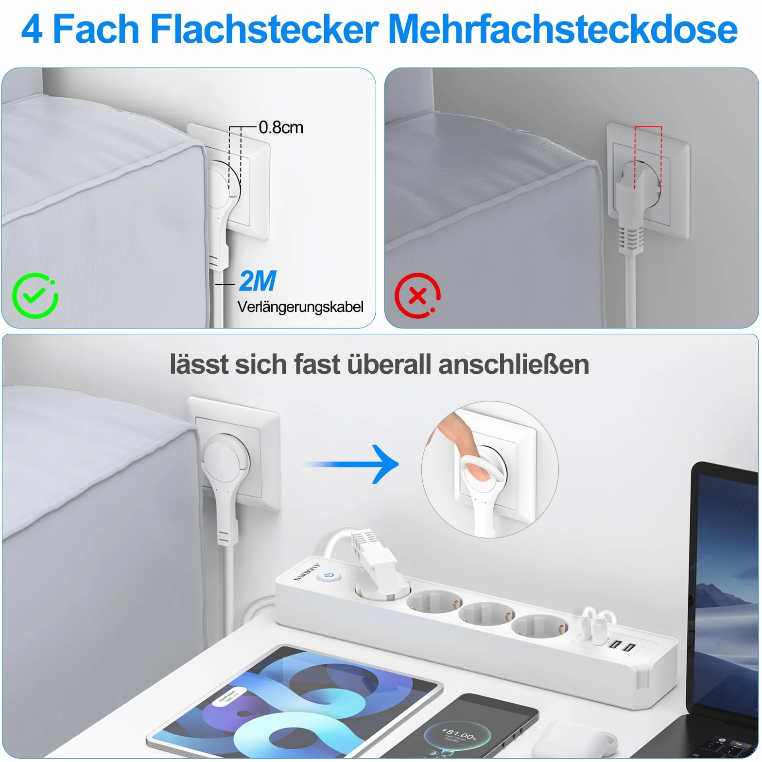 Darbony Listwa zasilająca 4 gniazda USB przełącznik ochrona przepięciem 3680W 16A USB C kabel 1,8m biała