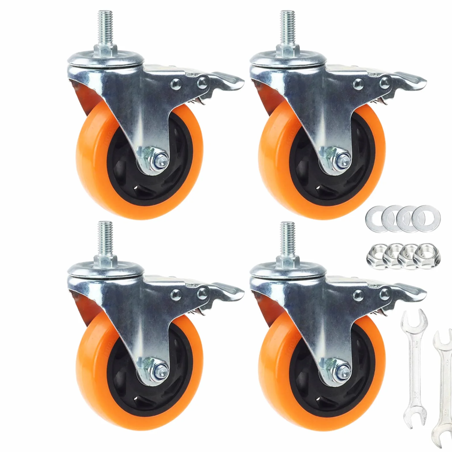 Wytrzymałe, obrotowe koła, 3-calowe żółte kółka z trzpieniem metrycznym M12-1,75x25 mm, podwójne hamulce, kółka bezpieczne do 1200 funtów/zestaw do przemysłu i mebli, zestaw 4 szt.