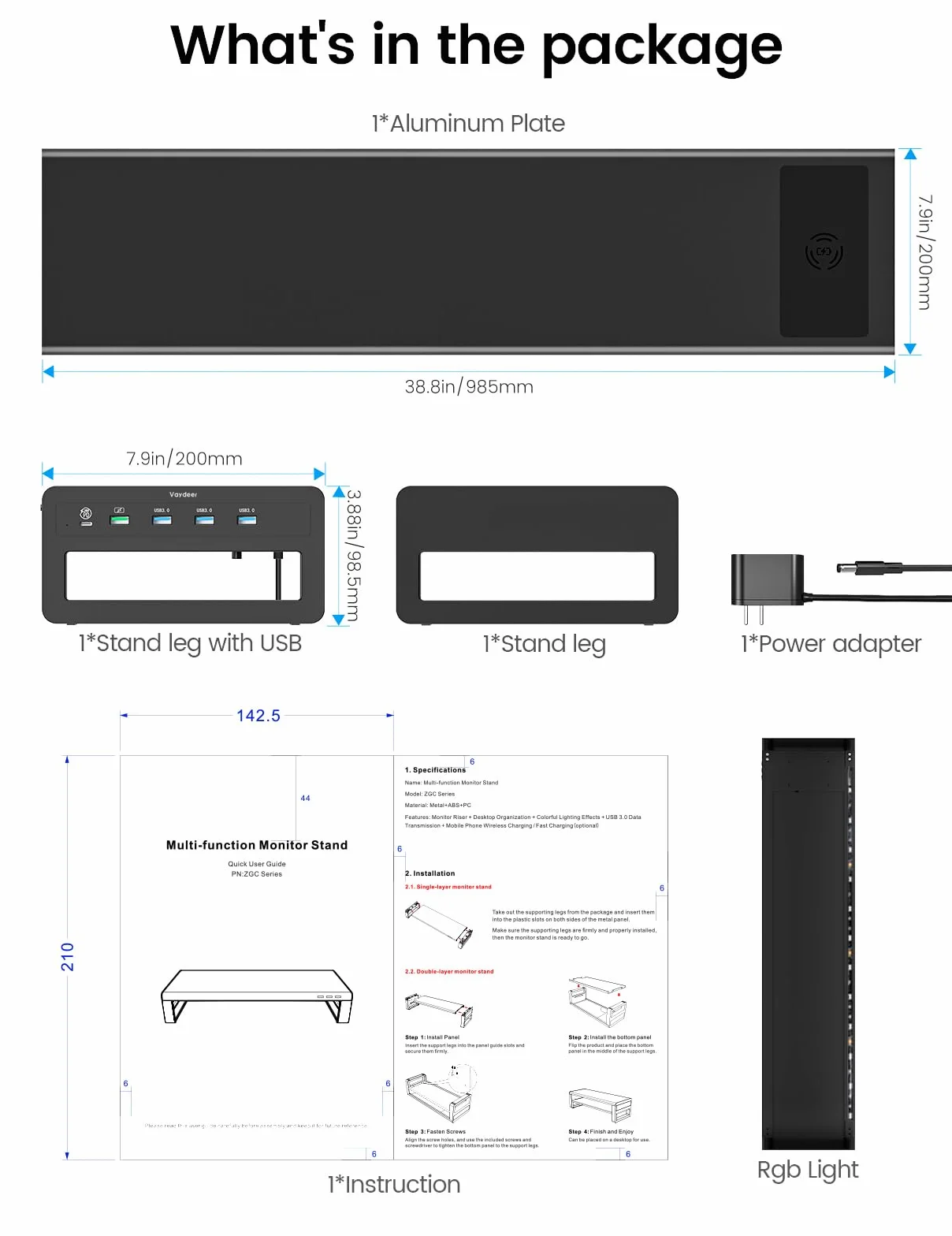 Vardeer Podwójny Stojak na Monitor Metalowy z Bezprzewodowym Ładowaniem i 4 Portami USB, Obsługa 32 Cale, Czarny