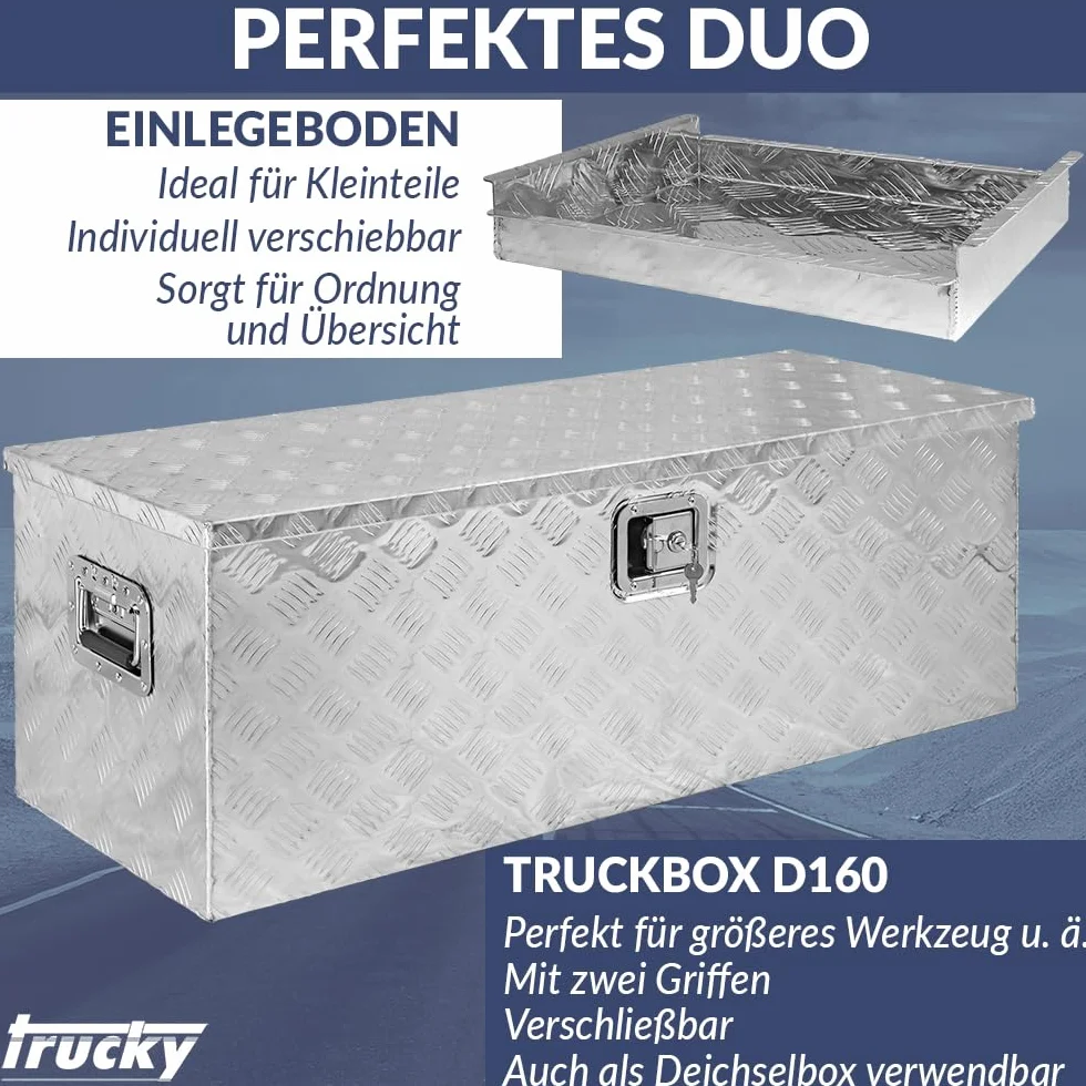 Zestaw D160 + schowek do zawieszania, skrzynka narzędziowa, skrzynka na przyczepę, aluminiowa skrzynka na przyczepę, pojemnik aluminiowy, pojemnik na wkładkę, pojemnik na przybory Trucky