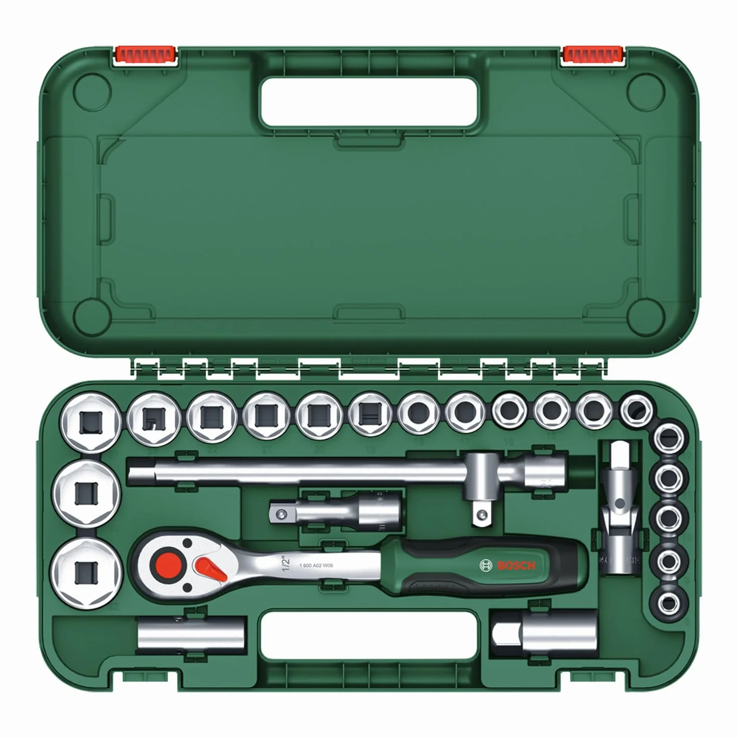 Bosch 25-częśc. zest. z grzechotką 1/2" (grzechotka 1/2" do zastosowań w majsterkowaniu, wys. moment obr. do 768 Nm, przycisk blokady, zmiana kierunku, zaokrągl. szyjka, rękojeść Softgrip, walizka)