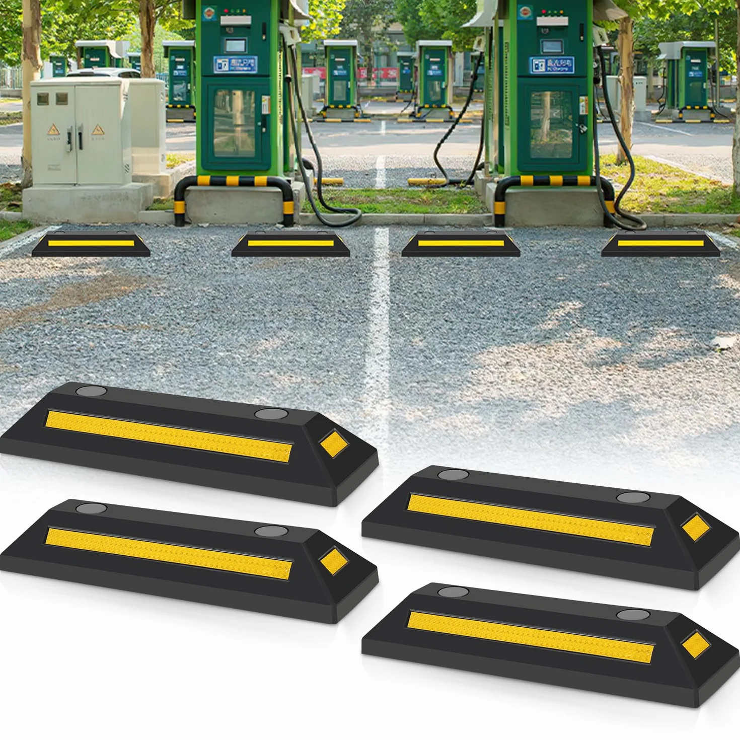 4 sztuki gumowe ograniczniki kół do parkingu, ogranicznik parkingowy, znak parkingowy, ochrona rozruchu z żółtymi paskami odblaskowymi do garażu i parkingu