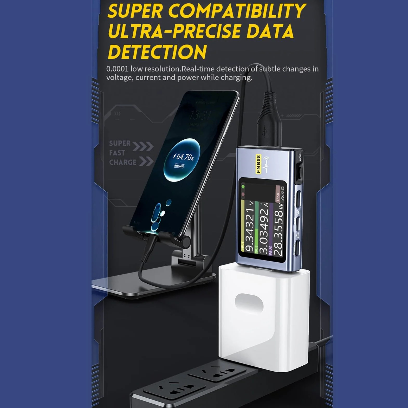Tester USB 4-28 V 0-7 A 0-140 W, USB Tester Napięcia Prądu Przemiennego, Prądu i Mocy Multimetr, Szybkie ładowanie Pomiar Zdolności Wykrywania za pomocą 2,0-calowego Ekranu LCD o