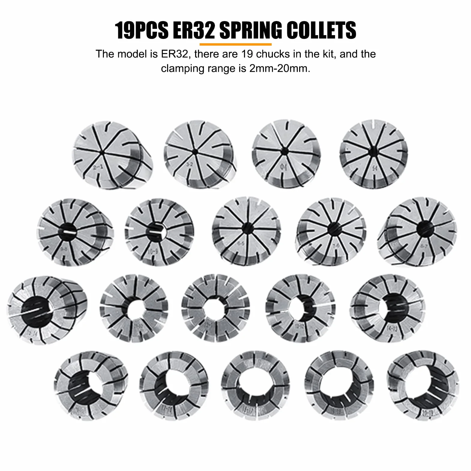 Collet Molla Clips Pinza, 2-20mm 19szt ER32 Precyzyjny zestaw tulei sprężynowych na CNC Grawerowanie uchwytu roboczego Frezowanie