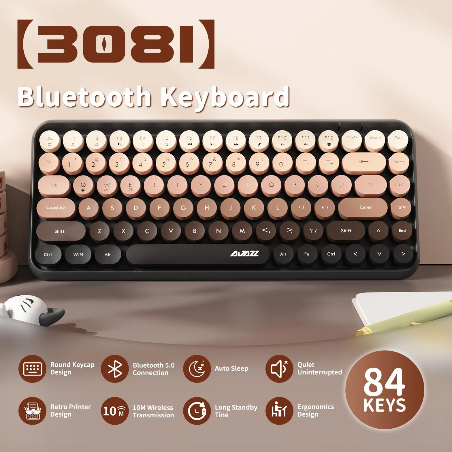 Bezprzewodowa klawiatura Retro Bluetooth 84 klawisze QWERTY Matowa Tekstura Brązowy
