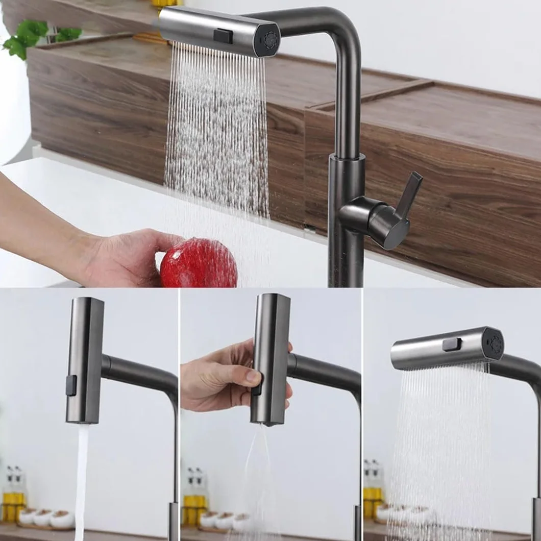 Nowoczesna bateria kuchenna szczotkowana nikiel z wyciąganą głowicą natryskową i obrotową baterią do łatwego montażu. Elegancki design zlewu, idealny do renowacji