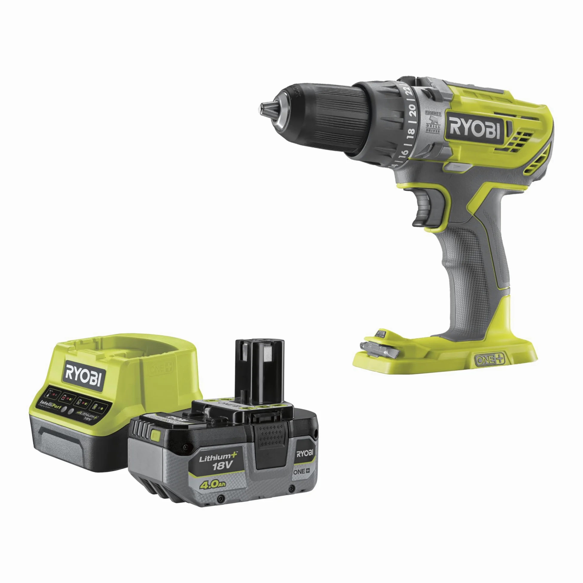 Ryobi Wiertarka udarowa R18PD3-140SA 18V ONE+ z akumulatorem 4,0 Ah, ładowarką, zestaw 31 wkładek i torebki, uchwyt wiertarski 13 mm, 50 Nm, 2 prędkości