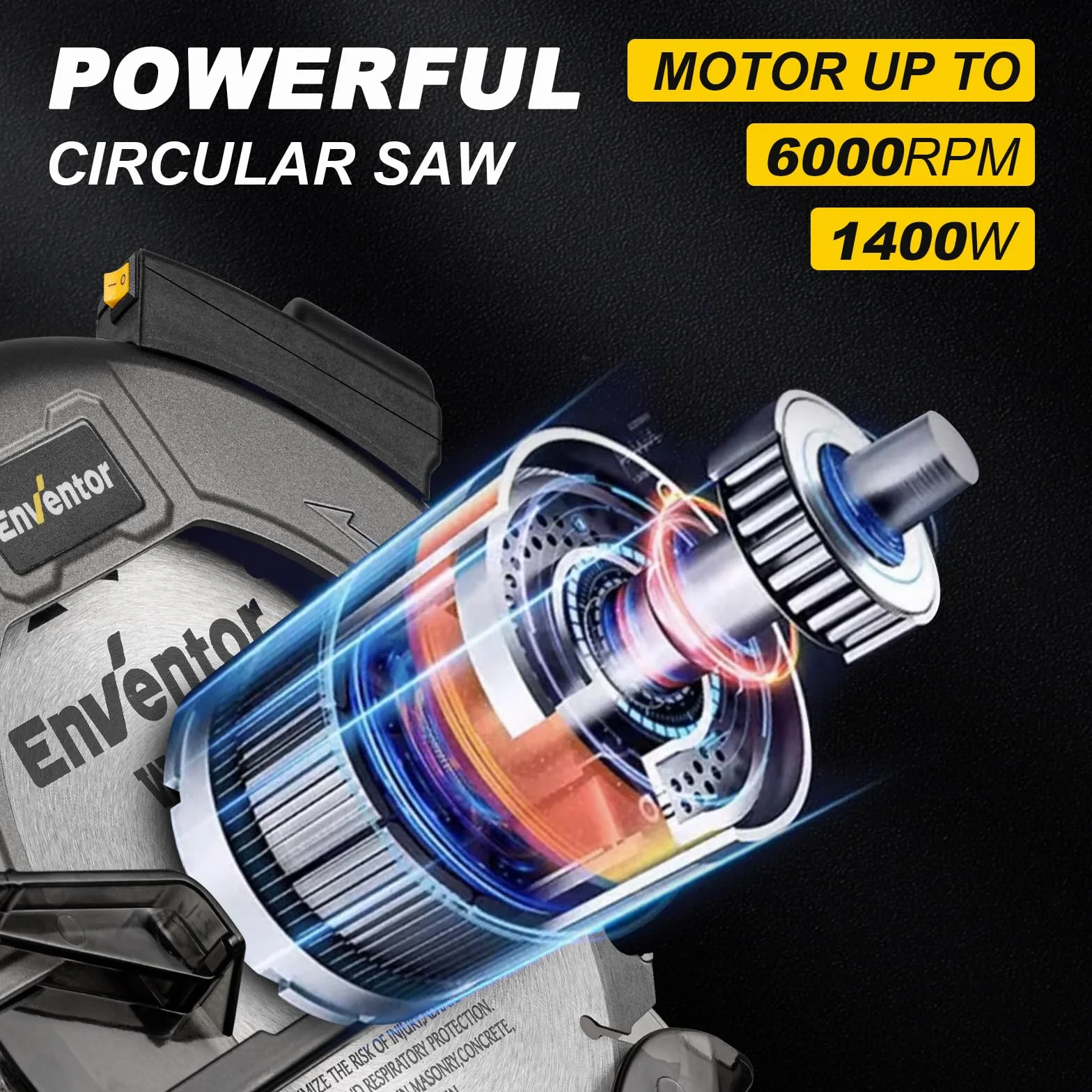 ENVENTOR Piła tarczowa, 1400 W, ręczna piła tarczowa z prowadnicą laserową, 6000 obr./min, maks. głębokość cięcia 62 mm (90°), 48 mm (45°), brzeszczoty (185 mm, 24T), silnik z czystej miedzi, idealna