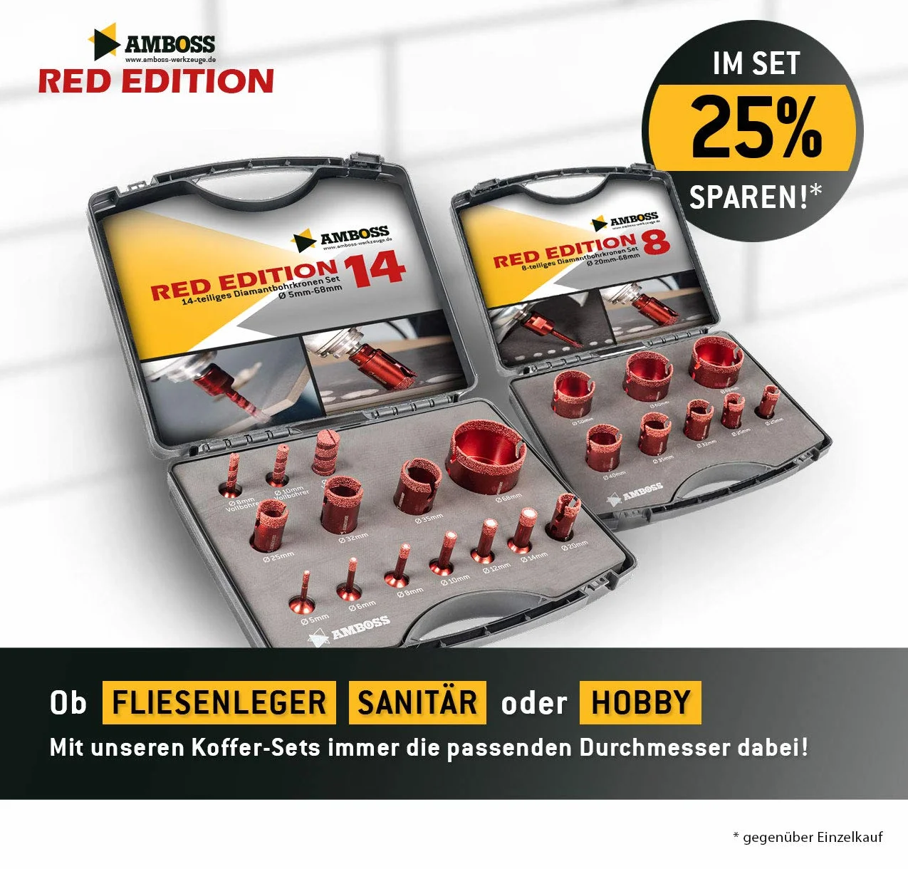 Amboss Red Edition M14 diamentowa koronka wiertnicza – do szlifierek kątowych – gresu, twardych płytek, granitu/idealna koronka wiertnicza na sucho (Ø 68 mm)