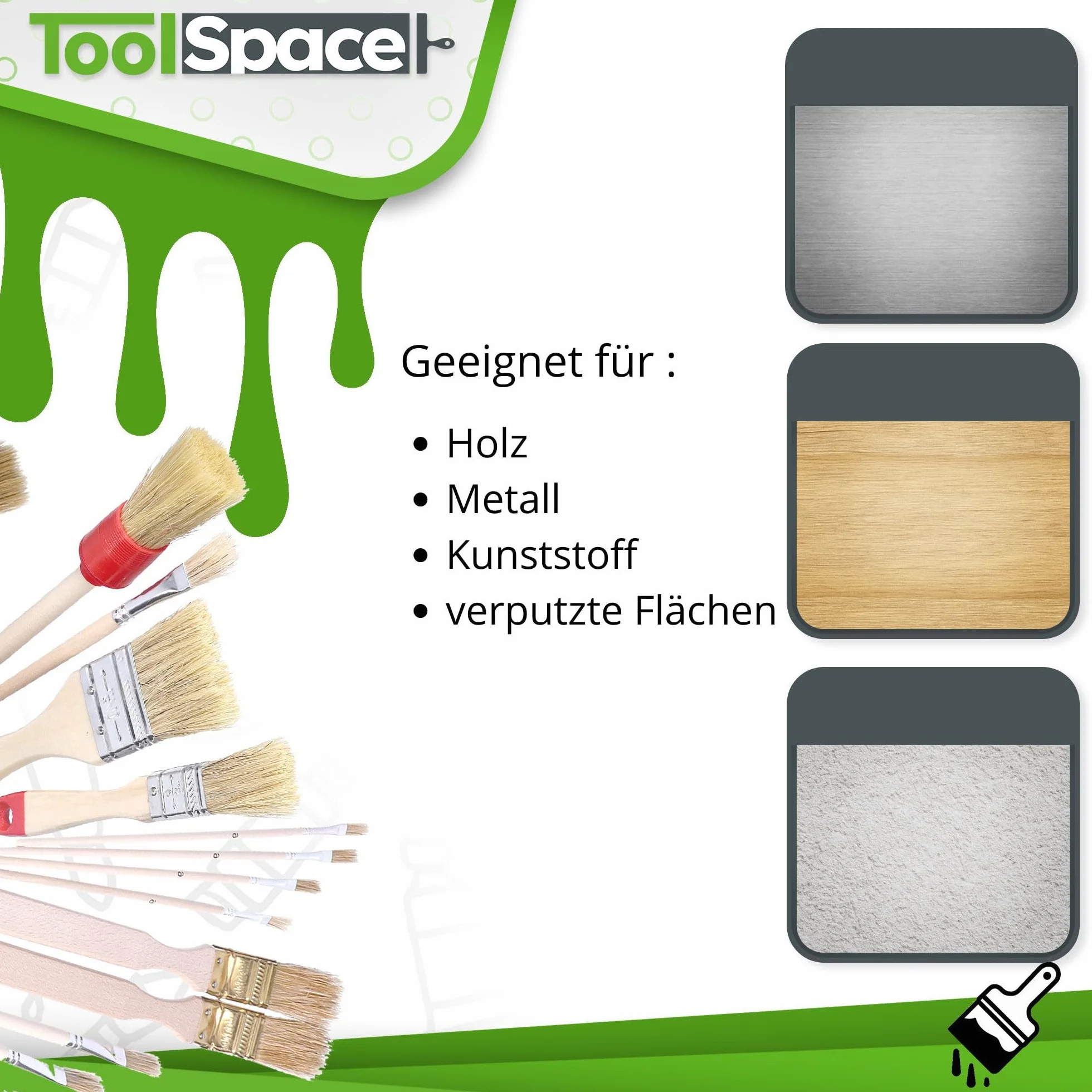 ToolSpace Zestaw 5 pędzli okrągłych - 30/35/40/45/50 mm - naturalne włosie - drewniana rączka - pędzle do malowania ścian i mebli - farby akrylowe, oleiste, DIY - majsterkowanie w domu