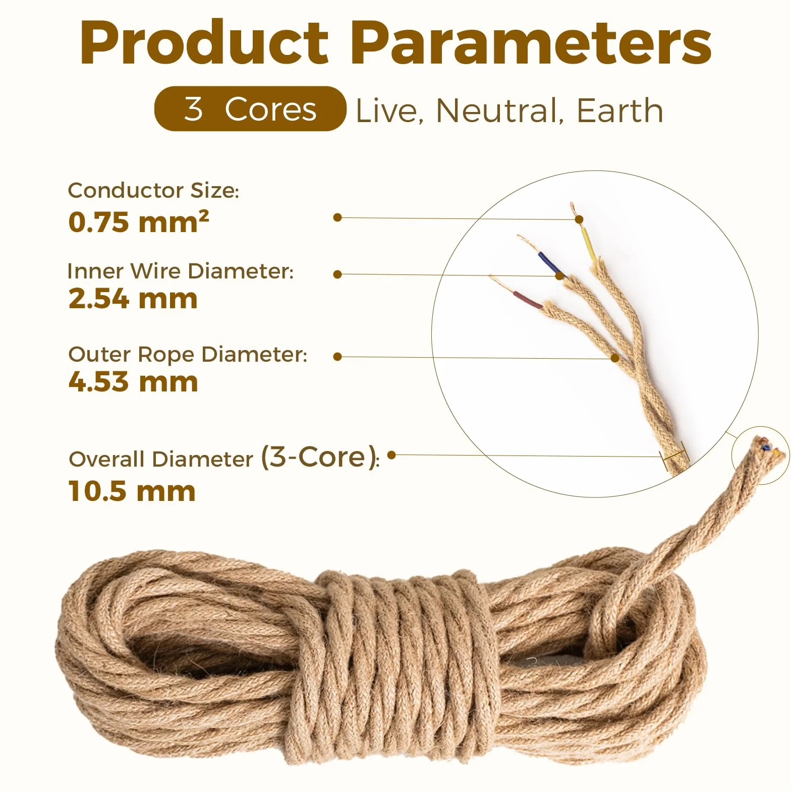 DiCUNO Kabel tekstylny do lamp, 30 metrów, 3-żyłowy kabel zasilający z PE, 3 x 0,75 mm², kabel tekstylny, przewód przyłączeniowy do lamp wiszących, DIY, lamp wiszących, akcesoriów do lamp, kabel