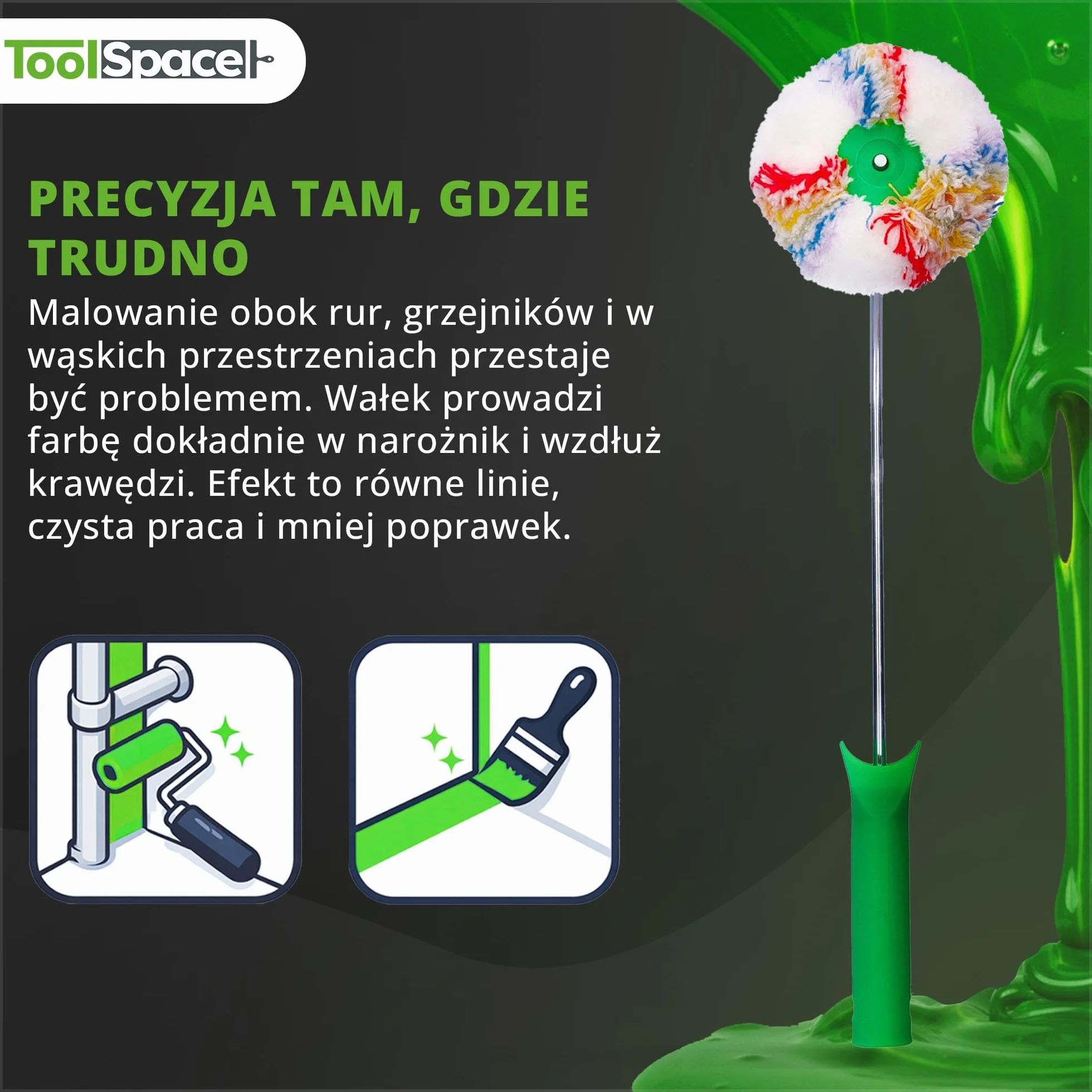 ToolSpace Wałek malarski, wałek narożny, profesjonalny wałek malarski, Ø 10,5 cm z rączką 39 cm, wałek malarski poliakrylowy, wałek narożny wewnętrzny, do farb ściennych - dla Wygodnej Pracy