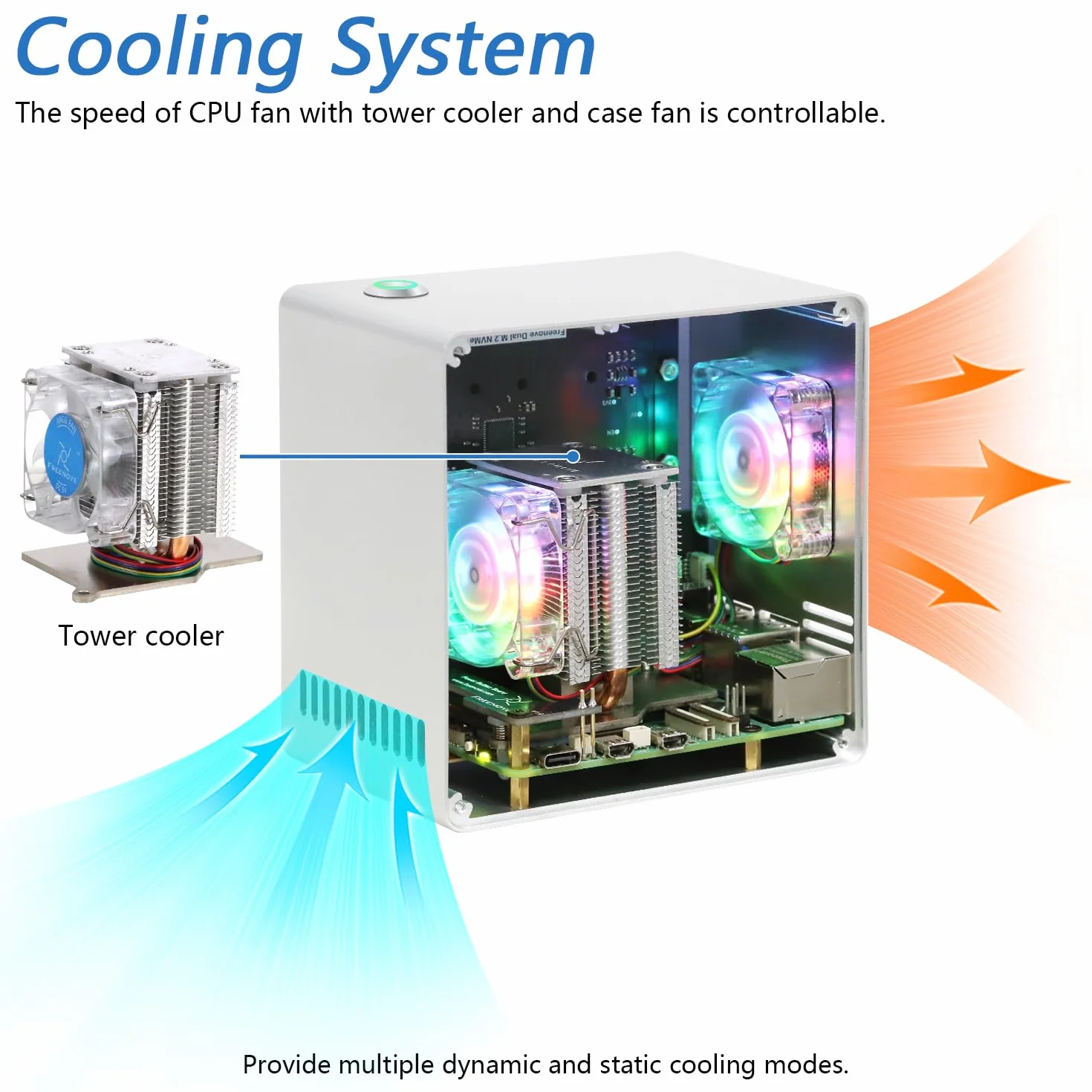 Freenove Mini Case for Raspberry Pi 5, Dual M.2 NVMe SSD Slots, PWM ARGB Fans, CPU Tower Cooler