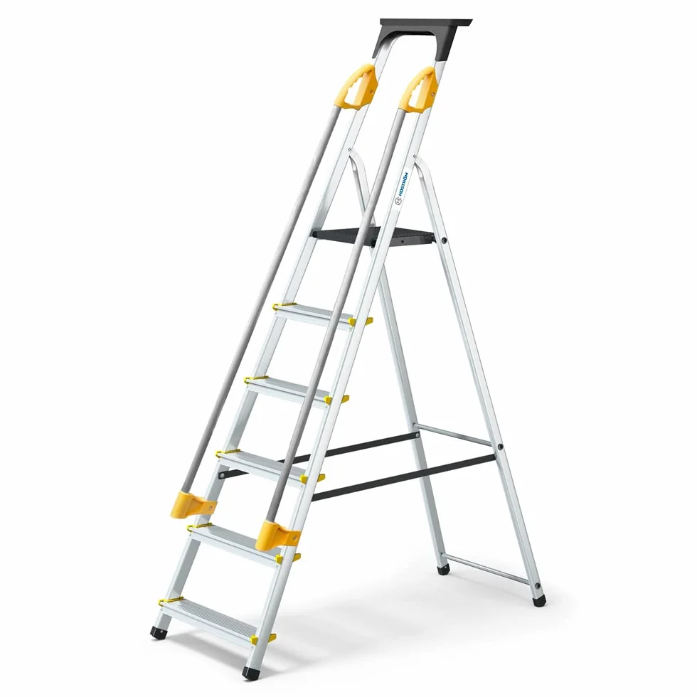 6-stopniowa drabina z rampami, półką na narzędzia, aluminiowym podnóżkiem, wysokość platformy 119 cm, 5 lat Hoström