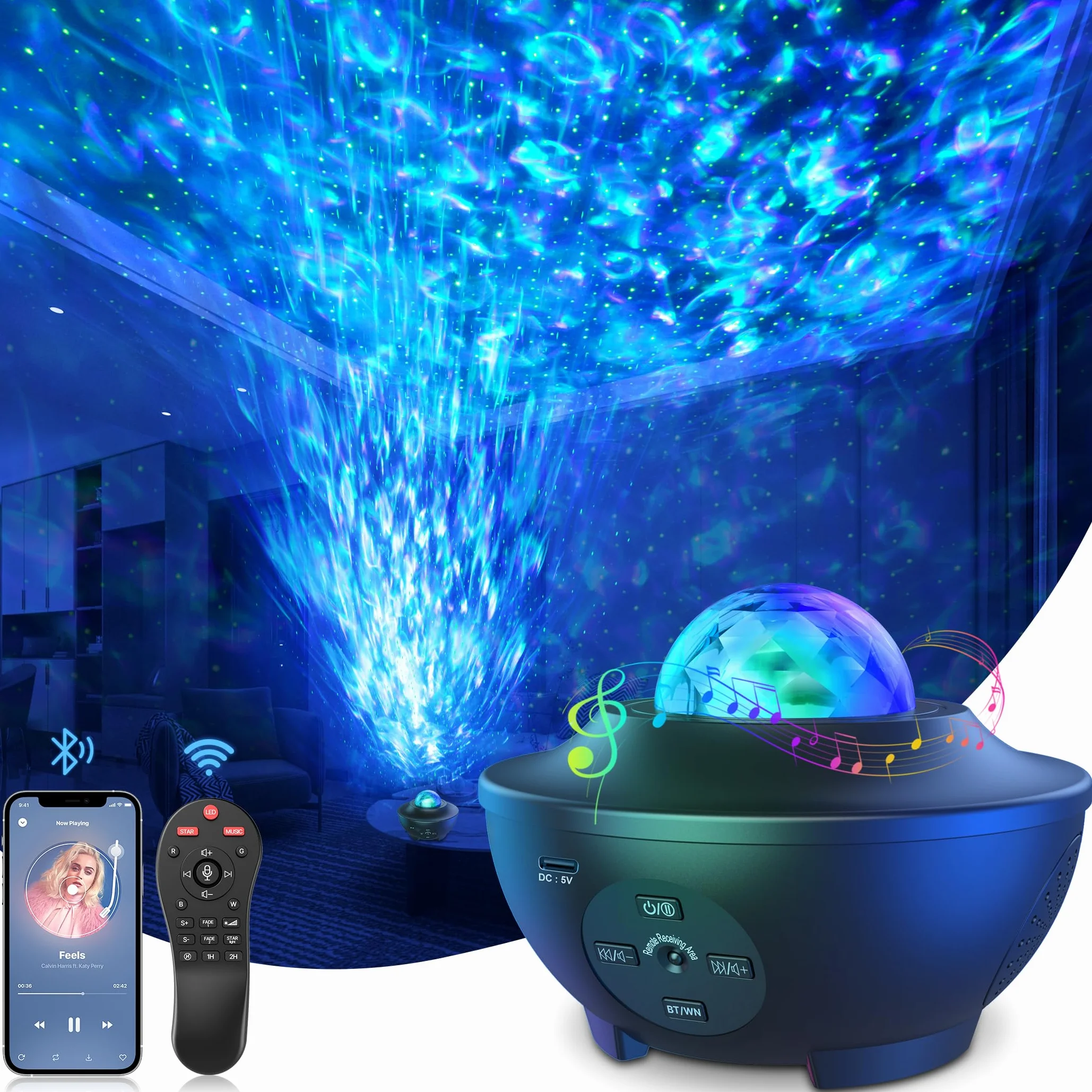 Projektor LED Gwieździste Niebo z Timerem, Remotem i Głośnikiem Bluetooth - Lampa Projektorowa Galaktyczna dla Dzieci