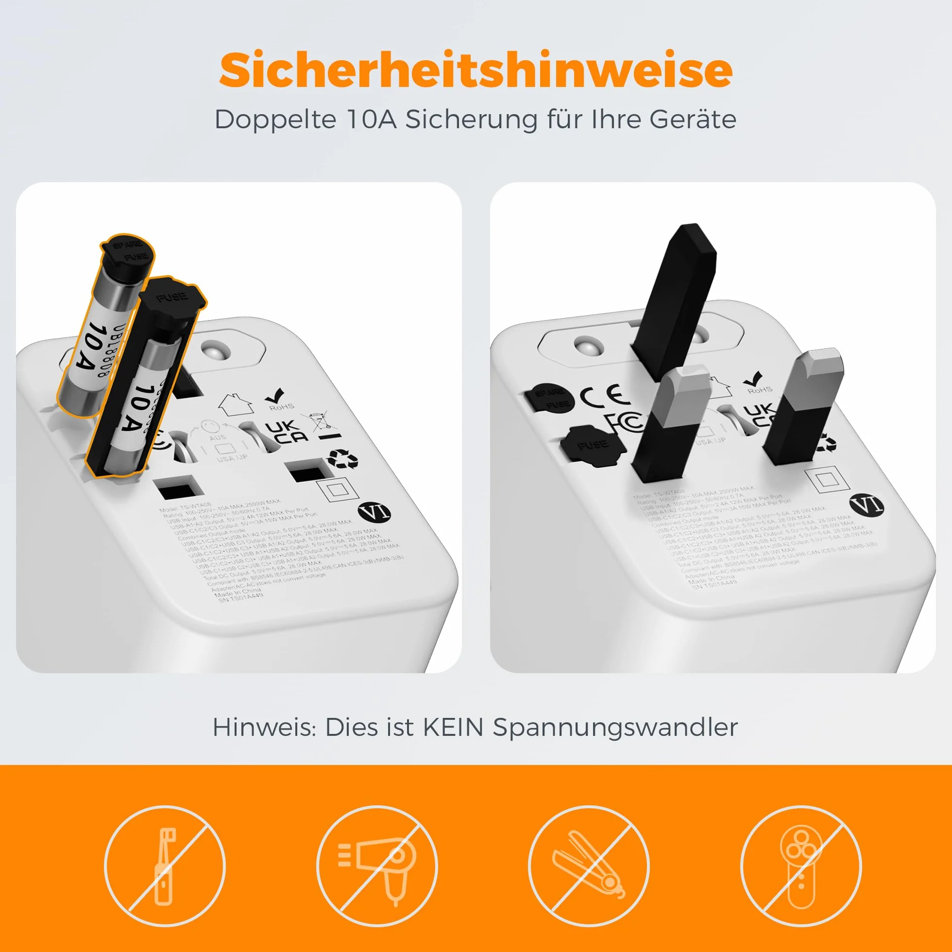 TESSAN Uniwersalny Adapter Wtyczki z 3 USB C i 2 USB A, 2500 W, Podróżny dla USA Tajlandia Japonia Wielka Brytania Brazylia Australia Hiszpania Malezja Indie